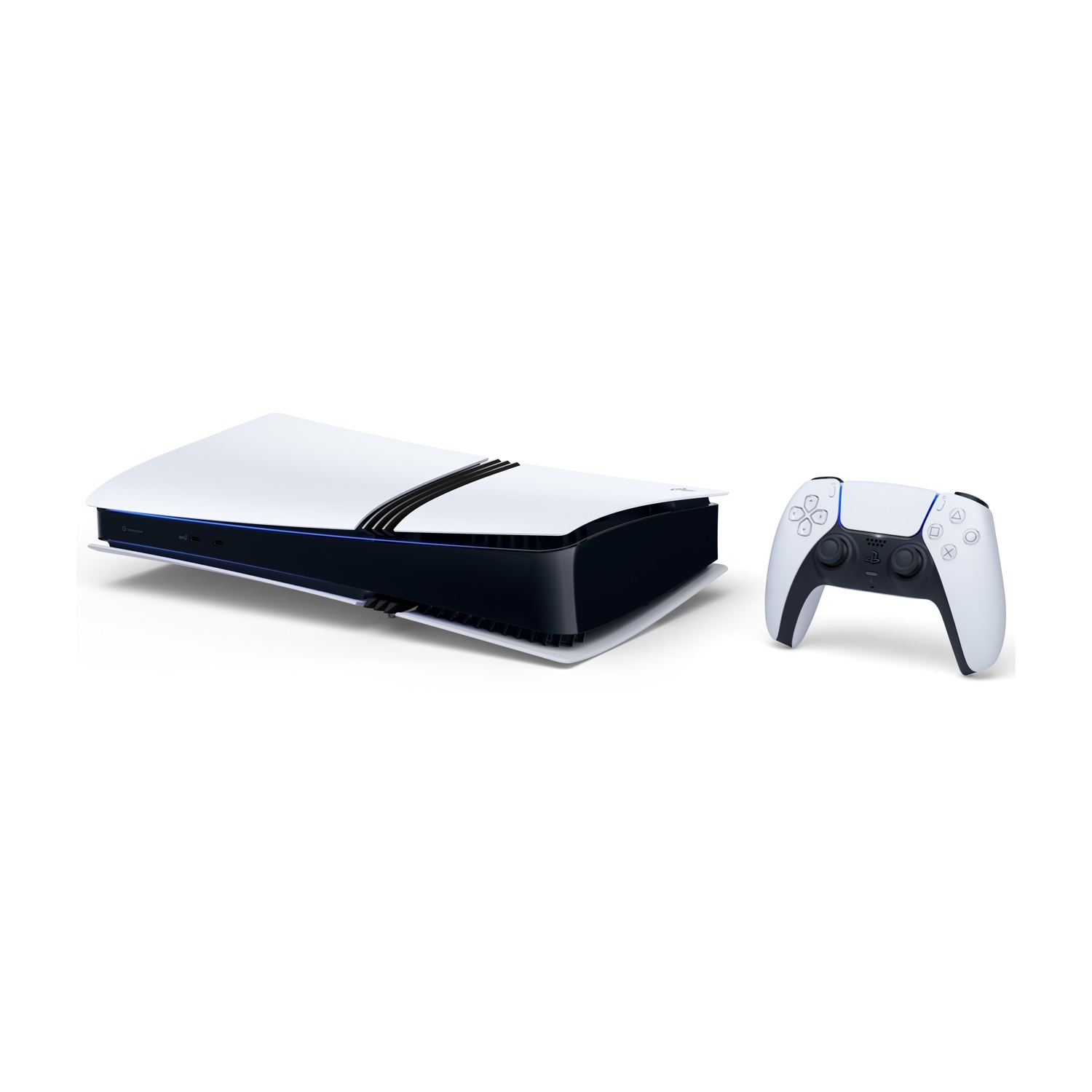 Una console PlayStation 5 bianca e un controller bianco su sfondo bianco. La console è in orizzontale.
