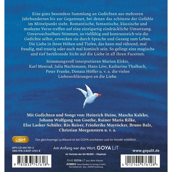 Buchcover mit Text über Liebesgedichte, Vogelillustration und Autorennamen. Hintergrund ist blau.
