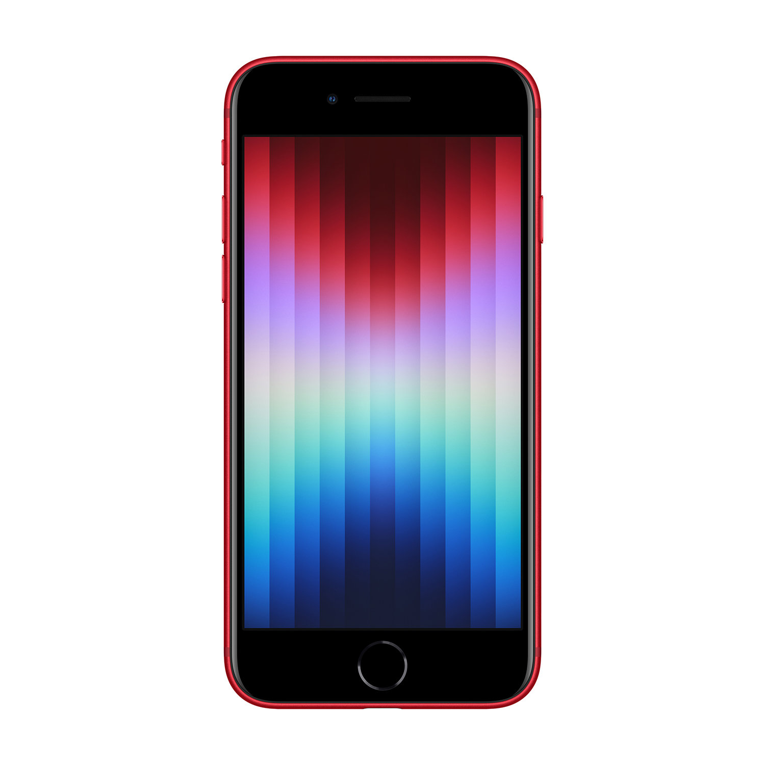 Un iPhone rosso su sfondo bianco. Lo schermo mostra una sfumatura colorata. Il telefono ha un pulsante home e una fotocamera.
