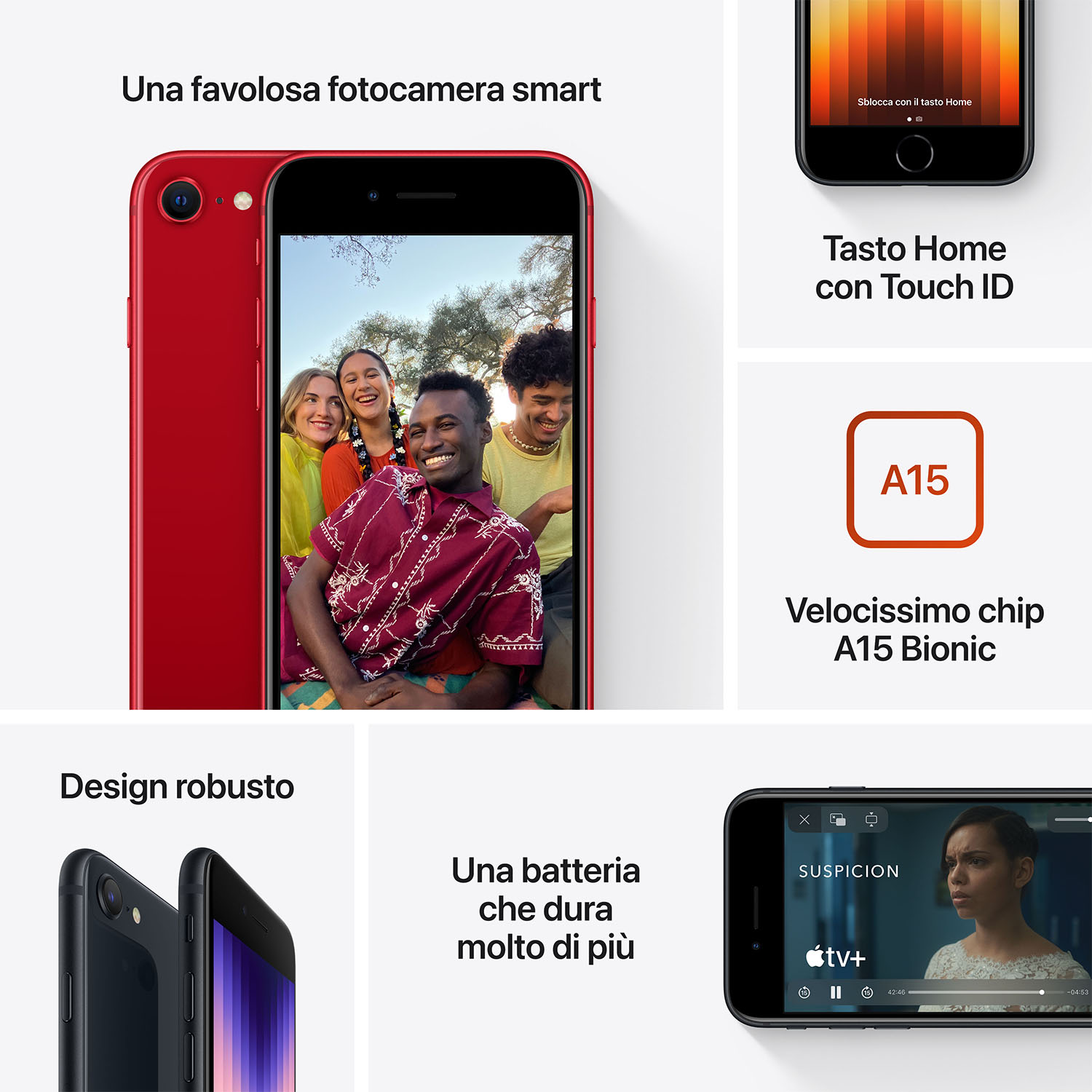 Smartphone rossi e neri. Uno mostra un gruppo di persone sorridenti. Altre immagini mostrano dettagli e funzioni del telefono.