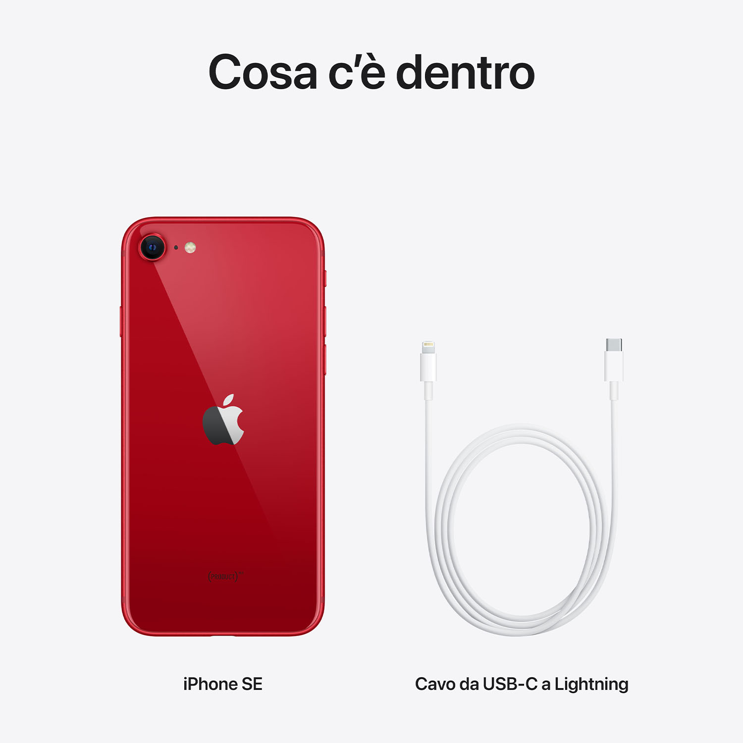 iPhone SE rosso e cavo USB-C a Lightning bianco su sfondo bianco. Testo italiano: 'Cosa c'è dentro'.