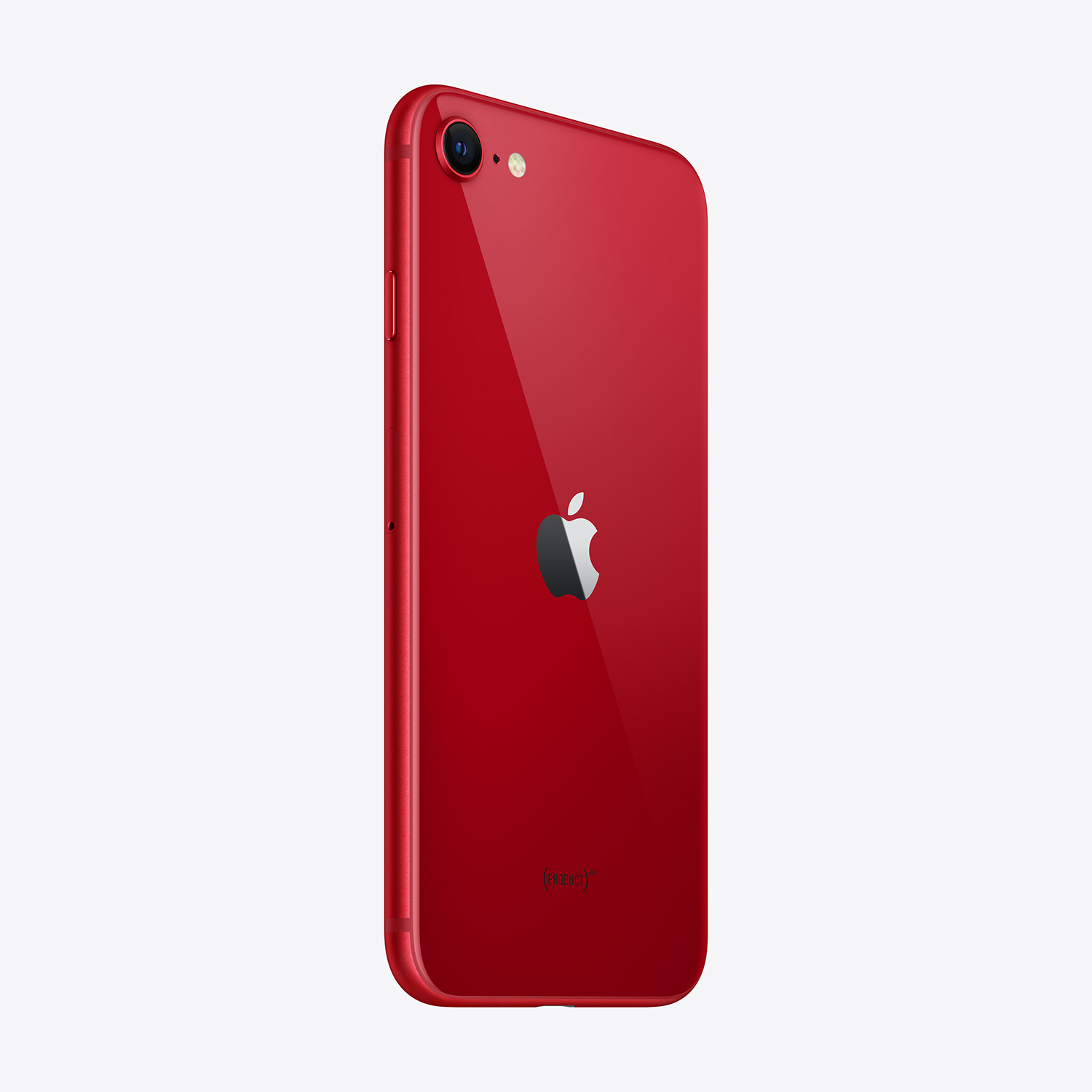 Un iPhone rosso con logo Apple nero sul retro. Il telefono è angolato, mostrando la fotocamera e i pulsanti laterali.