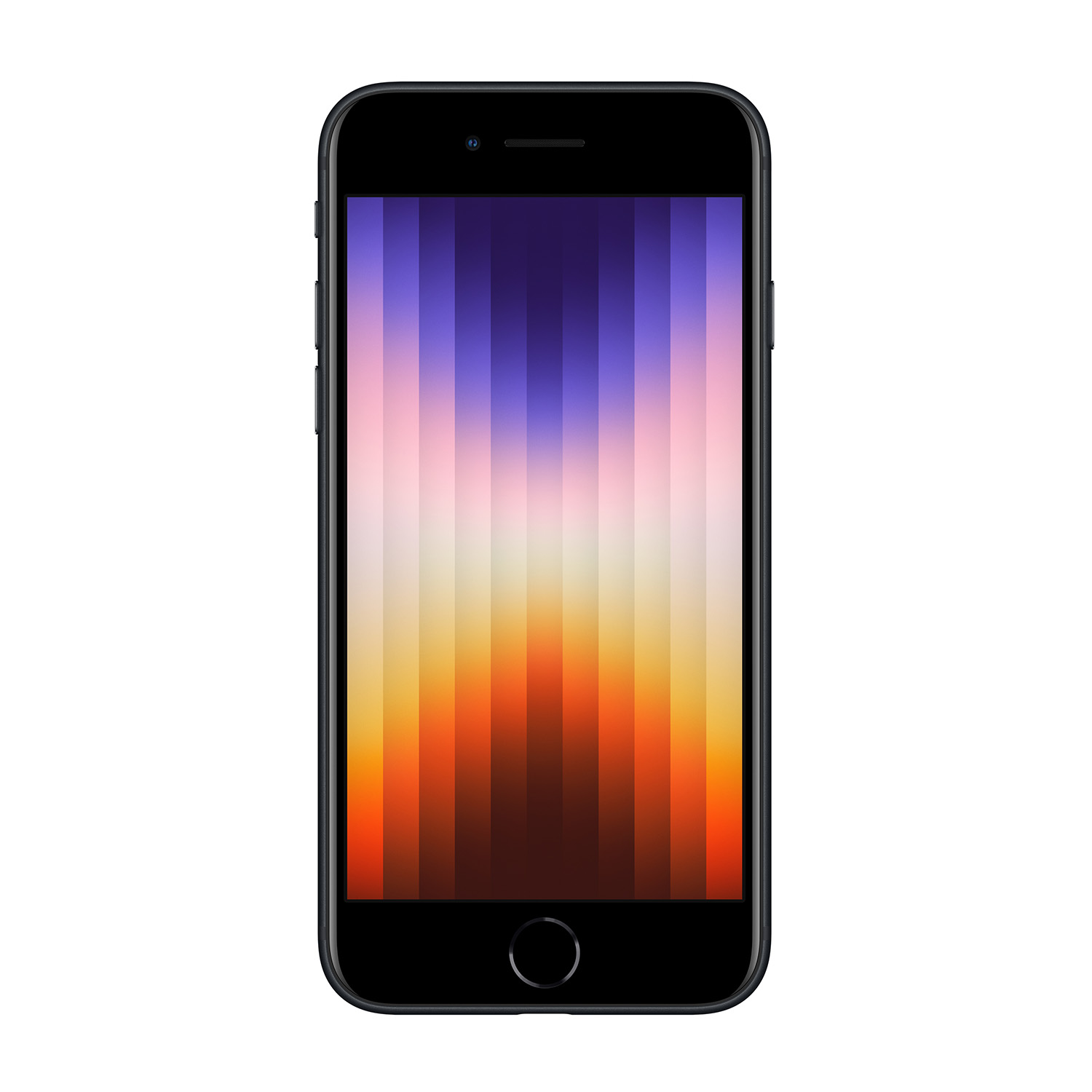 Smartphone nero con strisce verticali colorate sullo schermo. Lo schermo passa dall'arancione al blu. Un cerchio nero in basso.