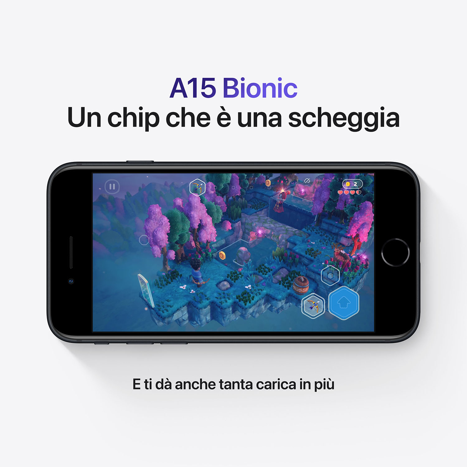 Uno smartphone nero mostra un gioco colorato. Il testo in alto recita 'A15 Bionic'. Il telefono è su sfondo bianco, con testo sotto.