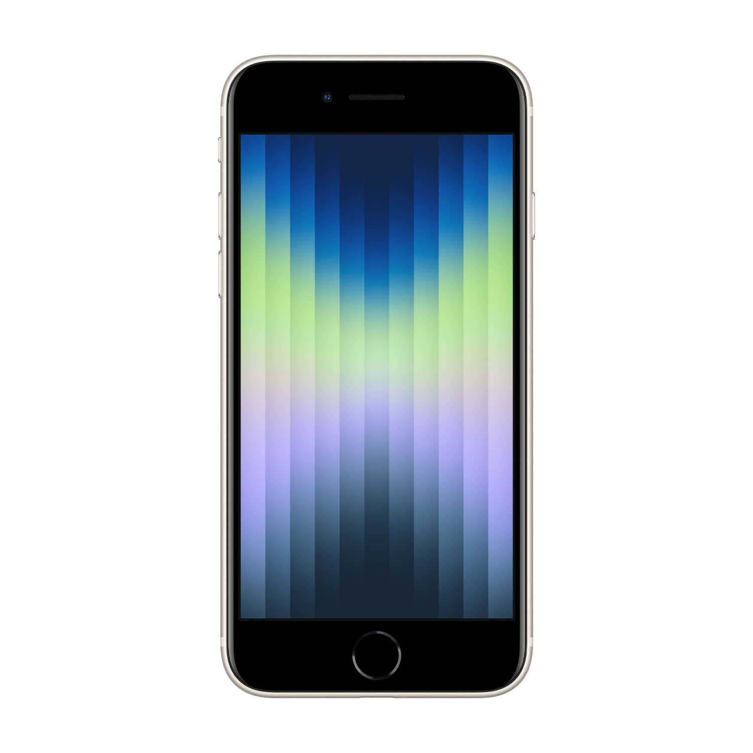 Uno smartphone con schermo nero che mostra strisce verticali colorate. Il telefono ha una cornice argentata e un bordo nero.