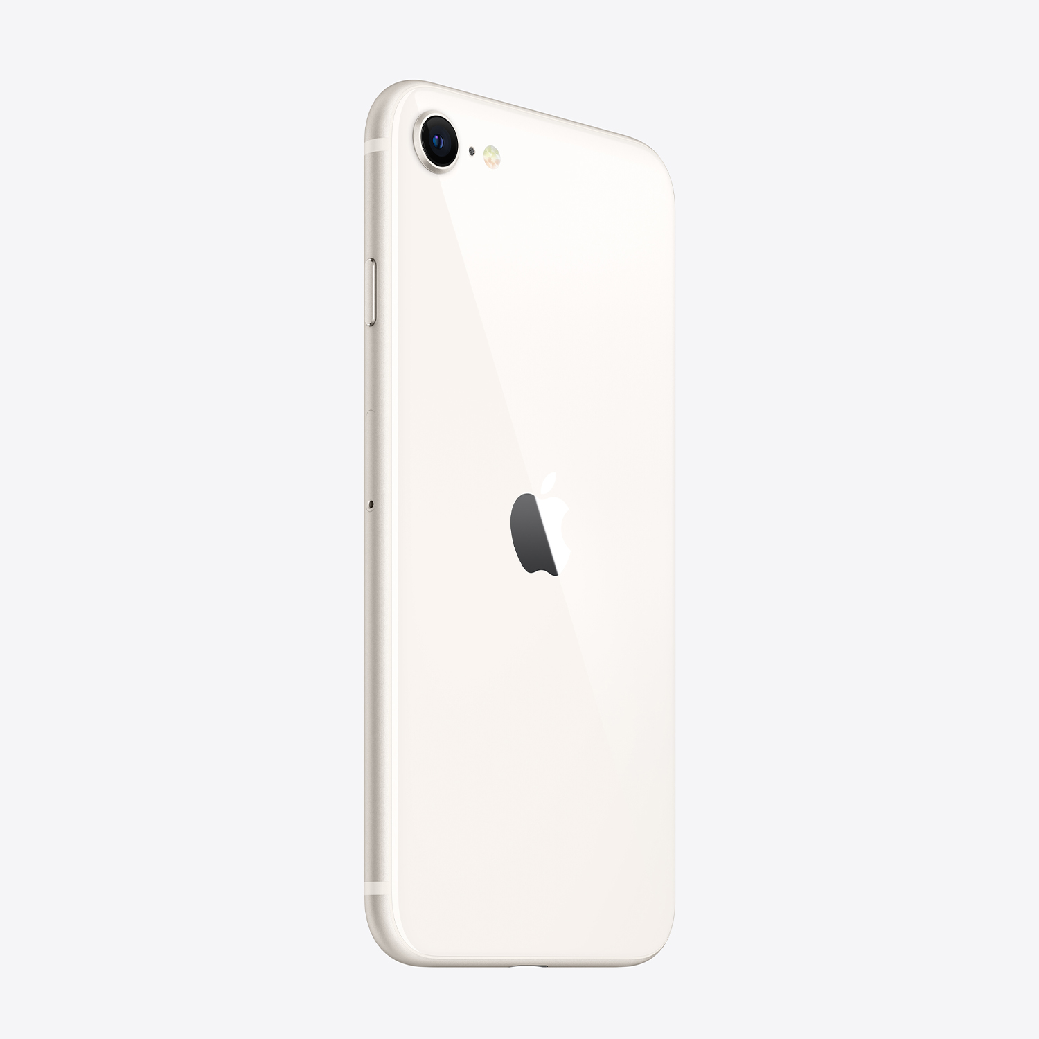 Un iPhone SE bianco, vista posteriore. Il logo Apple è visibile. La fotocamera e il flash sono in alto a sinistra. Il telefono è angolato.