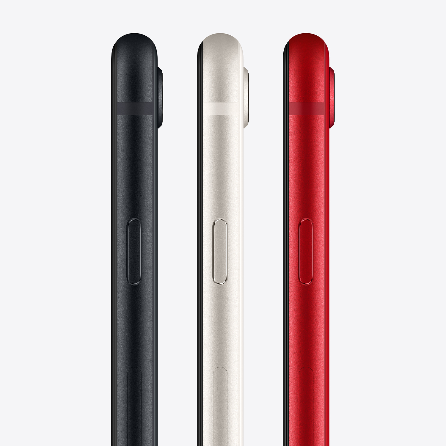 Tre profili laterali di smartphone: nero, bianco e rosso. Sono visibili pulsanti di accensione e controllo volume. Sfondo bianco.