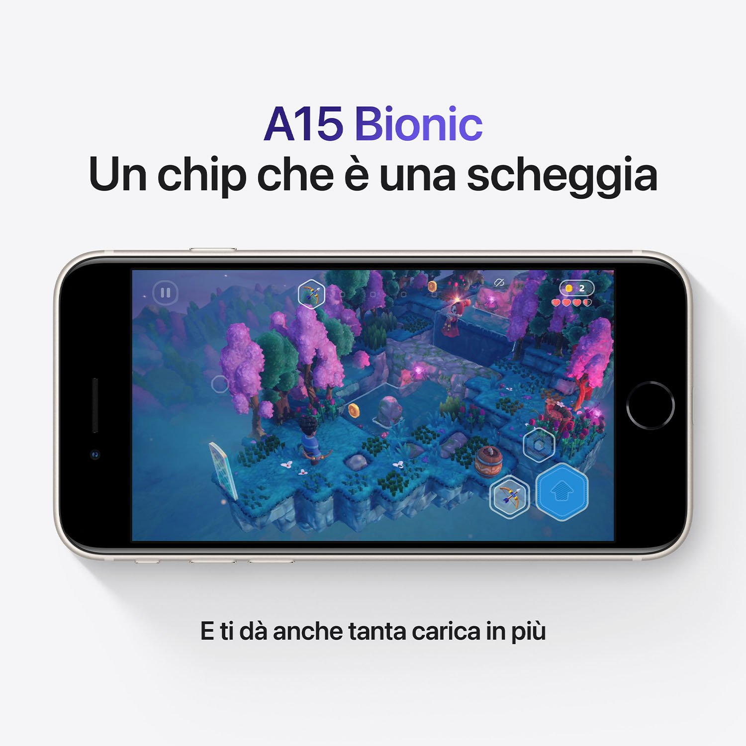 Un telefono mostra una scena di gioco con alberi viola e un personaggio. Il testo sopra dice 'A15 Bionic'. Il telefono è su sfondo bianco.