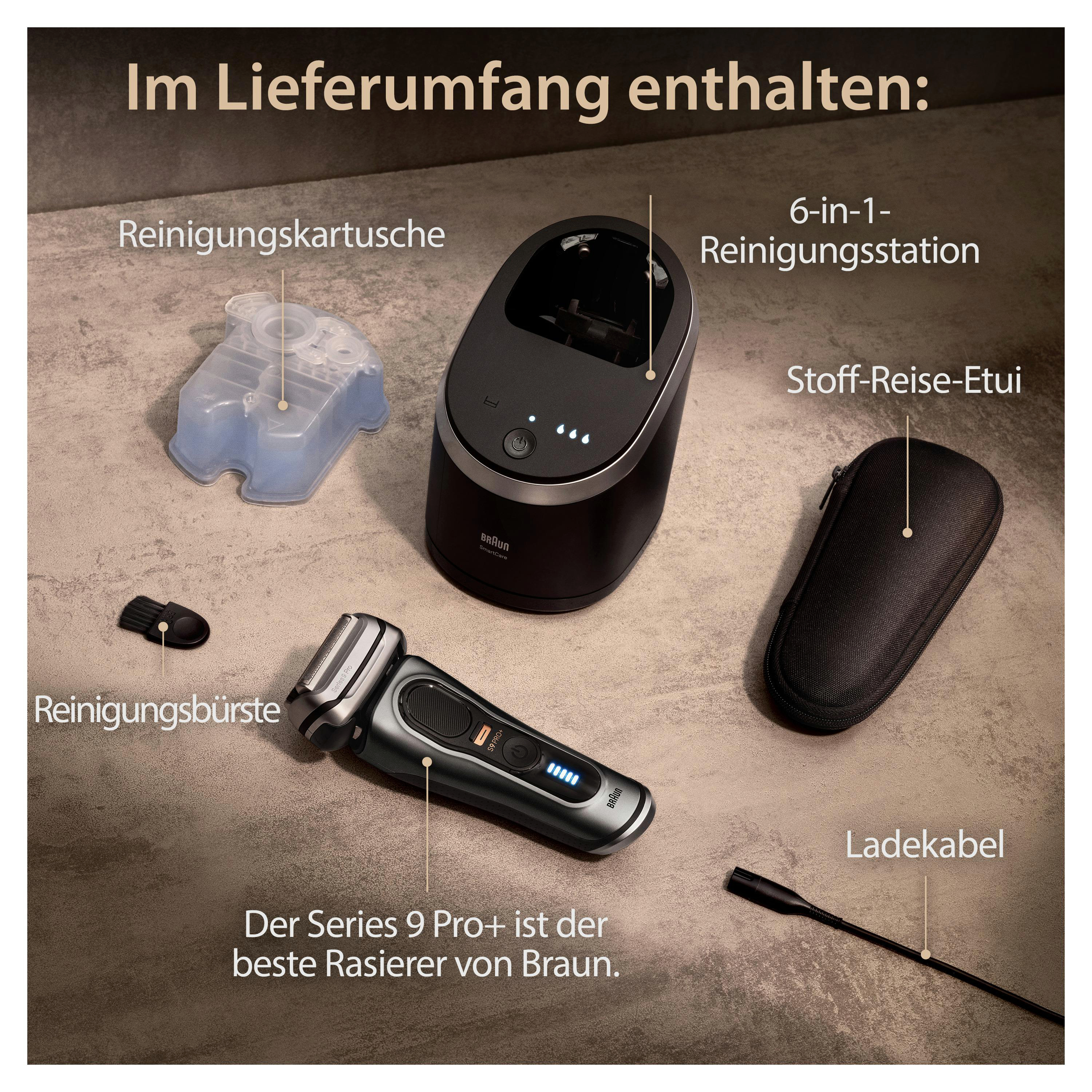 Das Bild zeigt einen Braun Series 9 Pro+ Rasierer, eine Reinigungsstation, eine Reisetasche, eine Reinigungsbürste und ein Ladekabel.