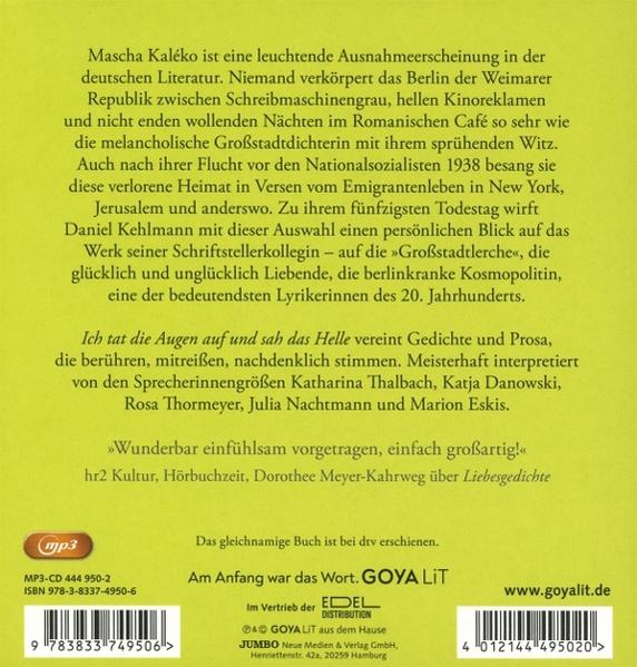 Buchcover mit Text über Mascha Kaléko, mit CD, Barcode und Website-Adresse.