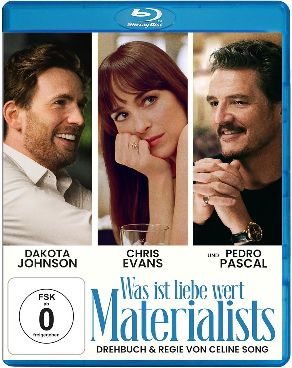 Blu-ray-Cover mit drei Schauspielern: Dakota Johnson, Chris Evans und Pedro Pascal. Titel: Materialists. Deutscher Text ist sichtbar.