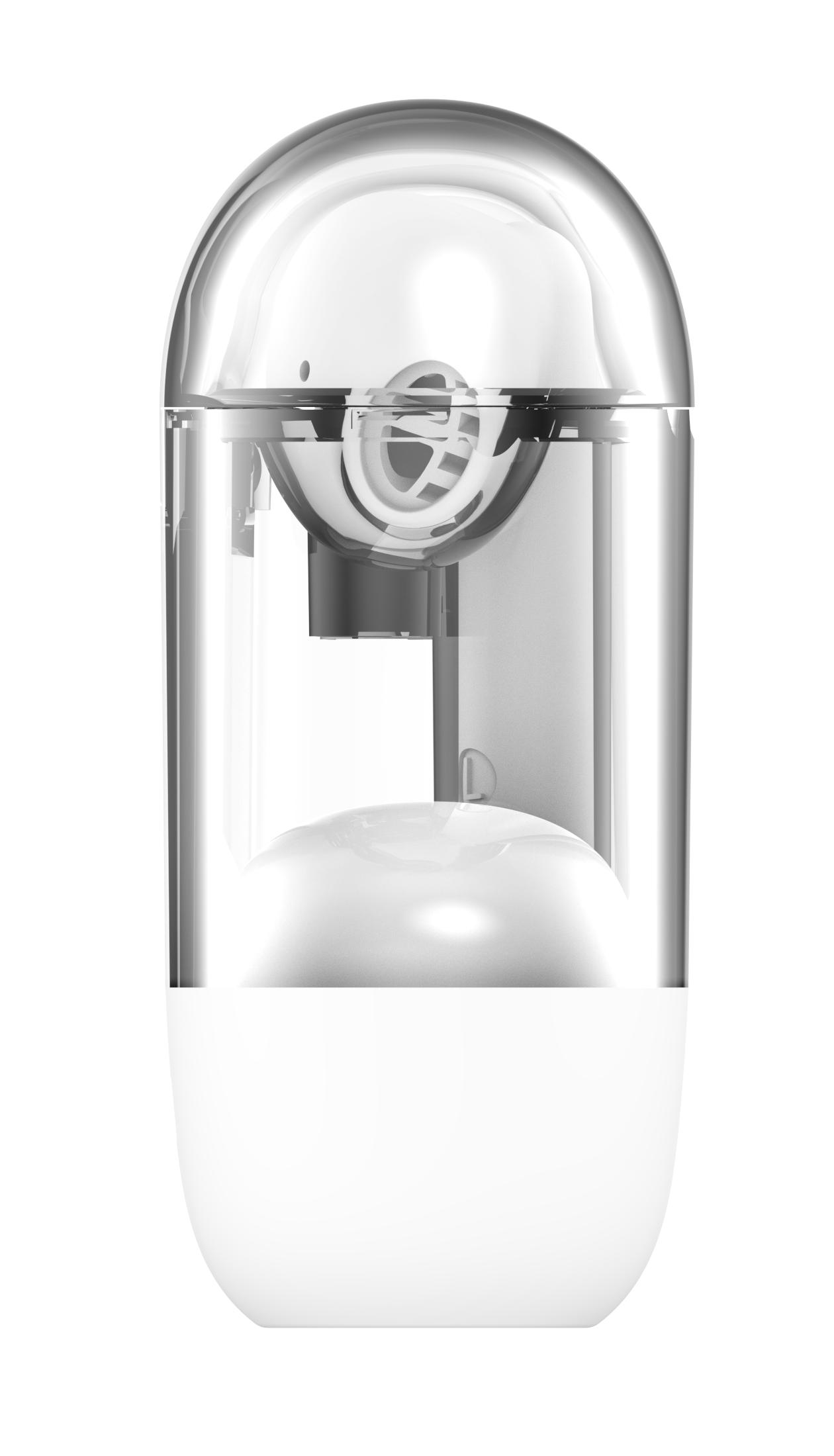 Przezroczysty, zaokrąglony pojemnik z białą podstawą. Wewnątrz biała kula i górna konstrukcja z spiralnym wzorem.