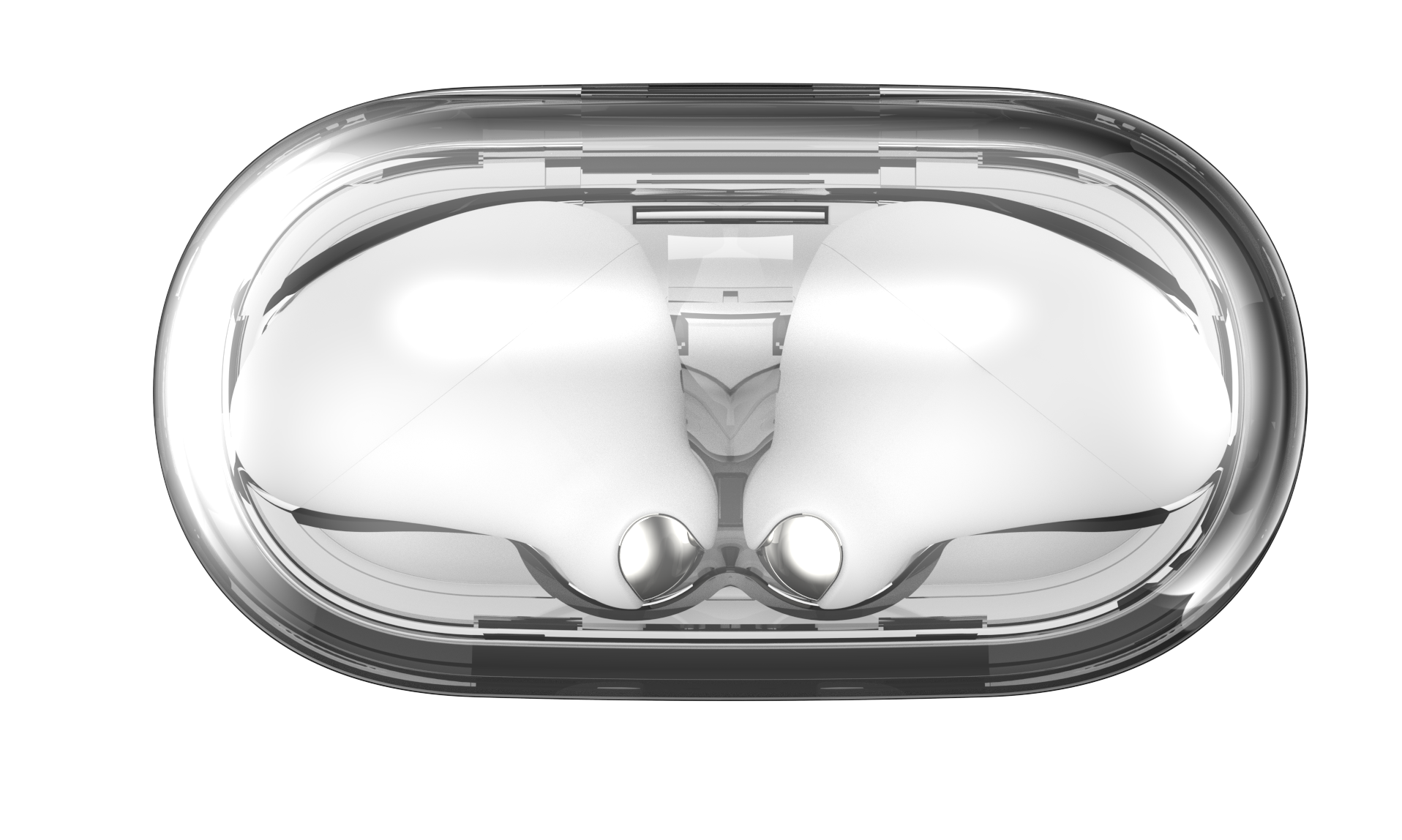 Przezroczyste, owalne etui z dwoma białymi słuchawkami. Etui ma przezroczystą pokrywę i metaliczne akcenty. Czarne tło.