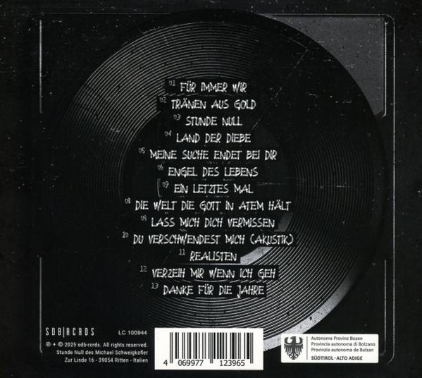 Schwarzes Albumcover mit Vinyl-Schallplattendesign und Songtiteln in Weiß, mit Text auf Deutsch.