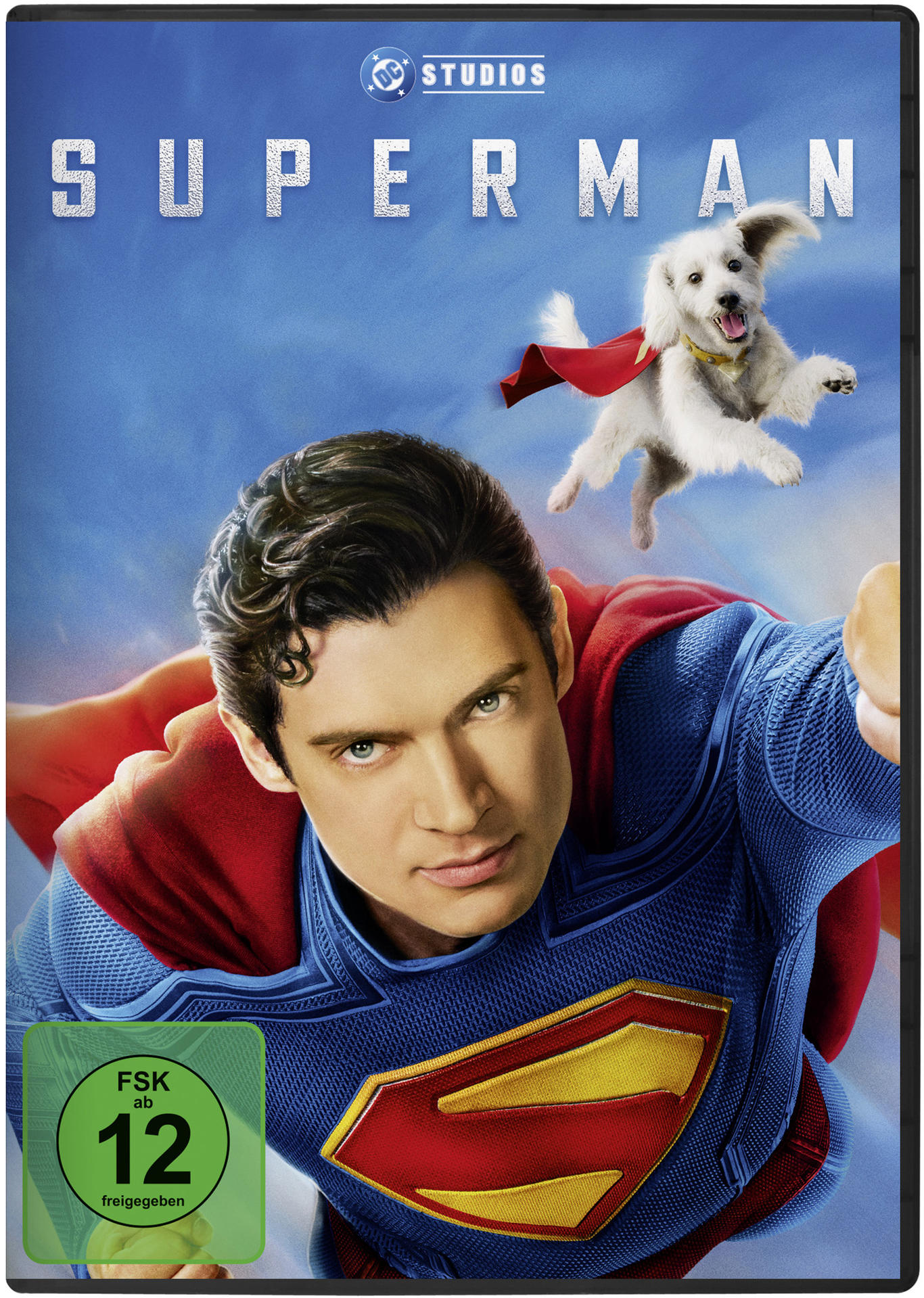 Superman DVD-Cover. Superman im Kostüm mit einem Hund mit Umhang. Blauer Himmel im Hintergrund.