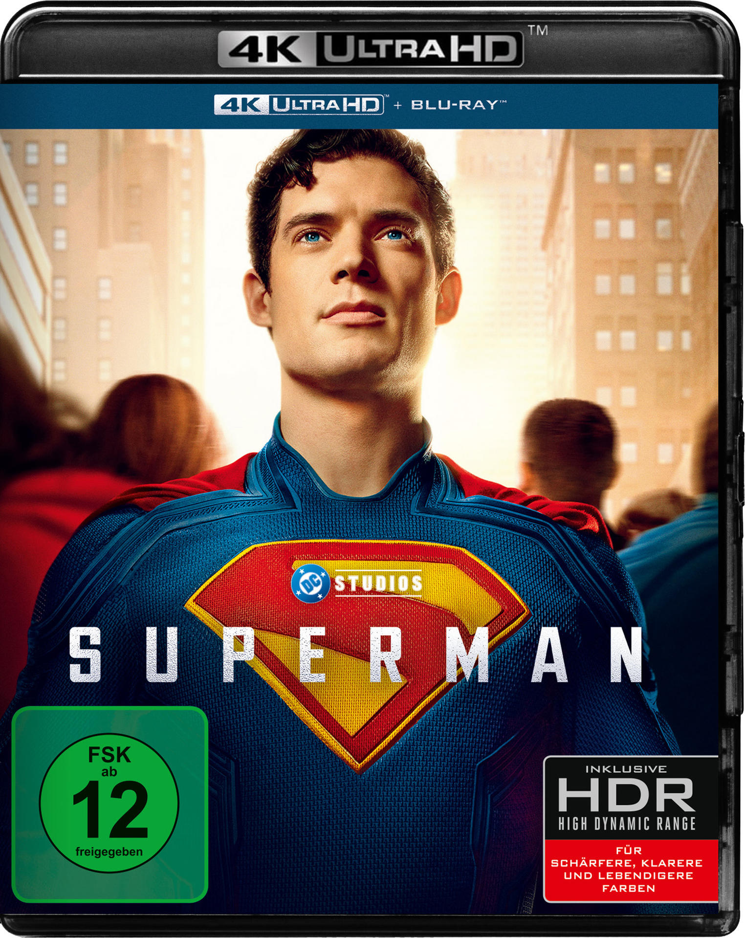 Superman Blu-ray-Cover. Henry Cavill im Superman-Anzug. 4K Ultra HD- und HDR-Logos sind vorhanden.