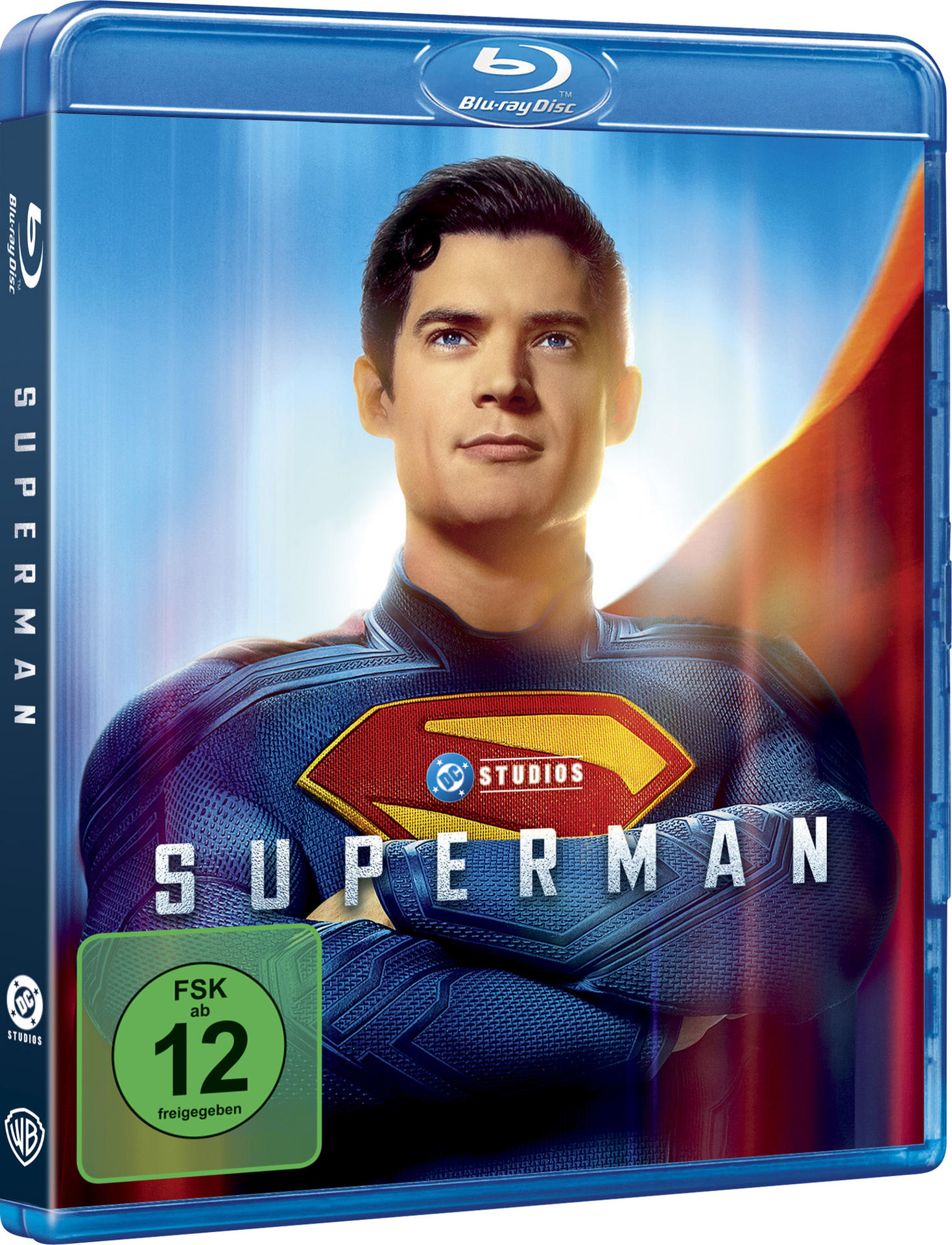 Blu-ray-Disc-Cover von Superman. Ein Mann in einem Superman-Anzug ist zentriert. Der Hintergrund ist blau. Das Logo ist sichtbar.