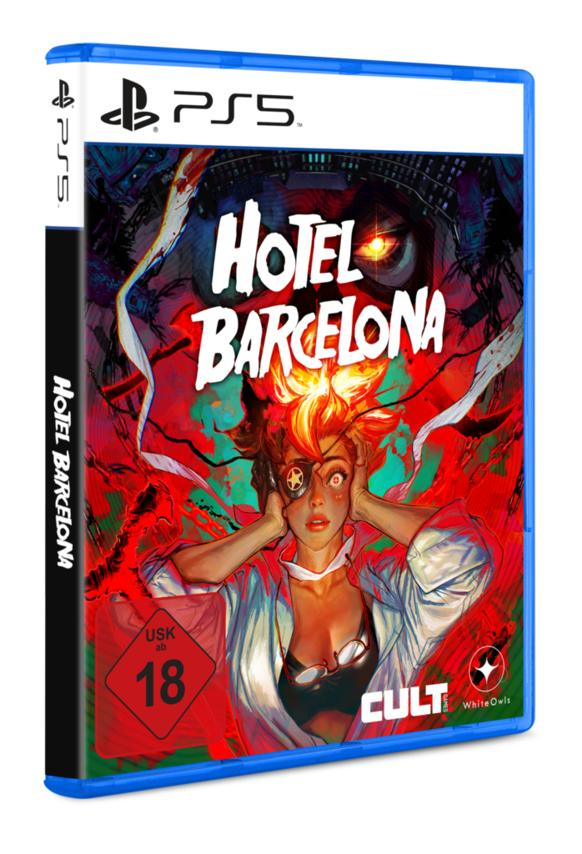 PS5-Spielhülle, 'Hotel Barcelona'. Cover: Frau mit Augenklappe, roter Hintergrund, und der Spieletitel.