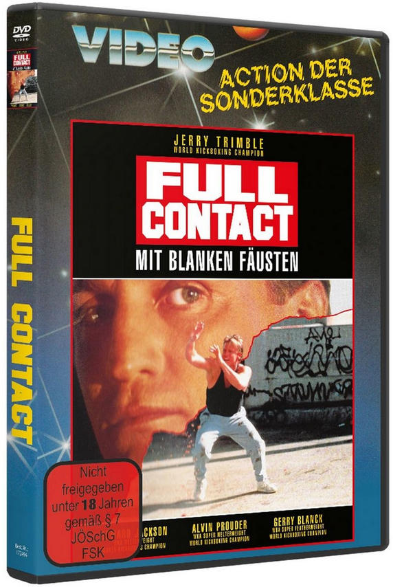 DVD-Cover. Titel: Full Contact. Zeigt einen Mann beim Kämpfen, ein Nahaufnahme-Gesicht, Text in Deutsch. FSK: Nicht unter 18.