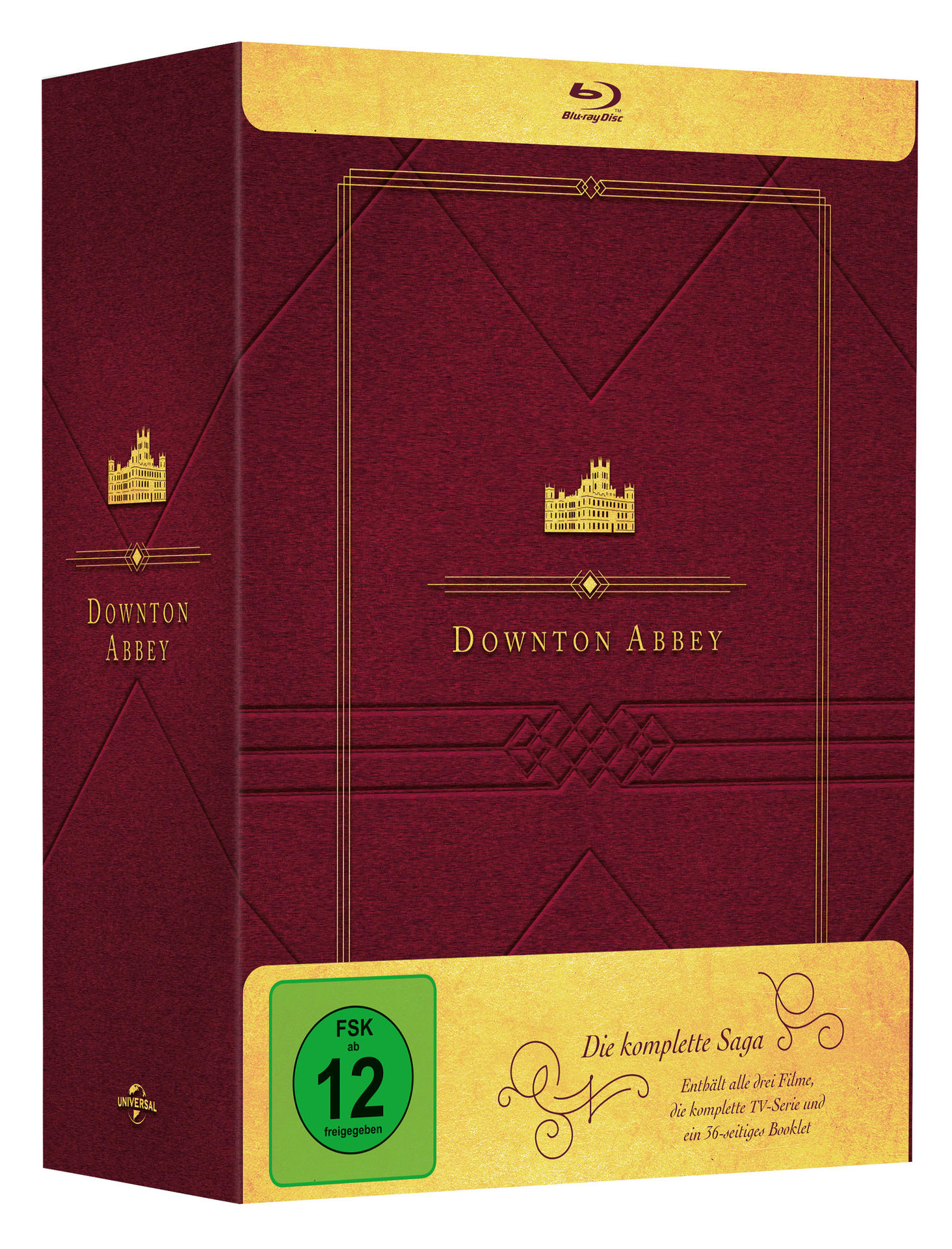 Downton Abbey Blu-ray-Box. Burgunderfarbener Einband mit goldenen Akzenten. Enthält eine Schlossillustration und deutschen Text.