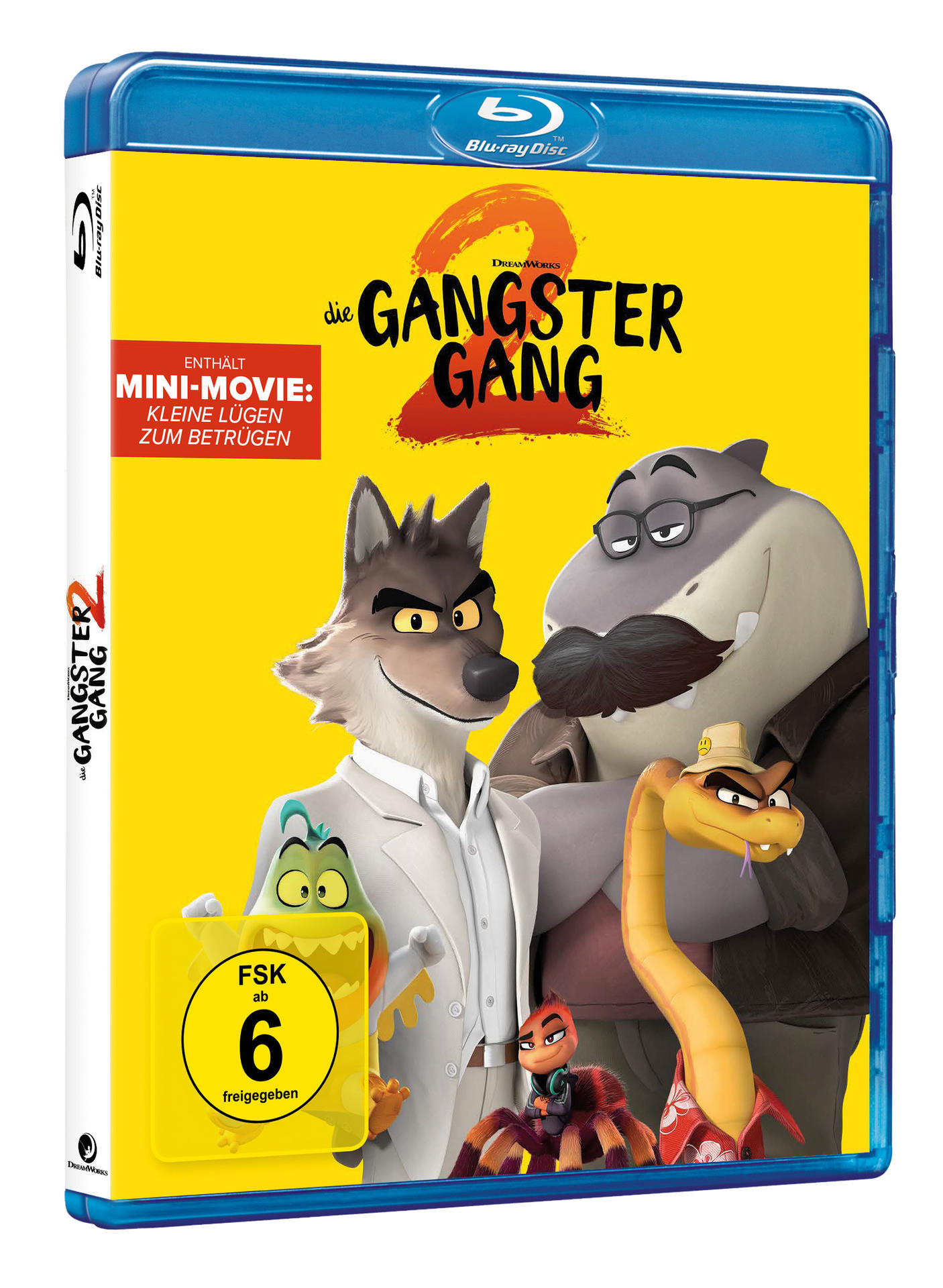 Blu-ray-Cover von 'The Bad Guys 2'. Enthält Wolf, Hai, Schlange, Spinne und Vogel. Heller gelber Hintergrund mit Titeltext.
