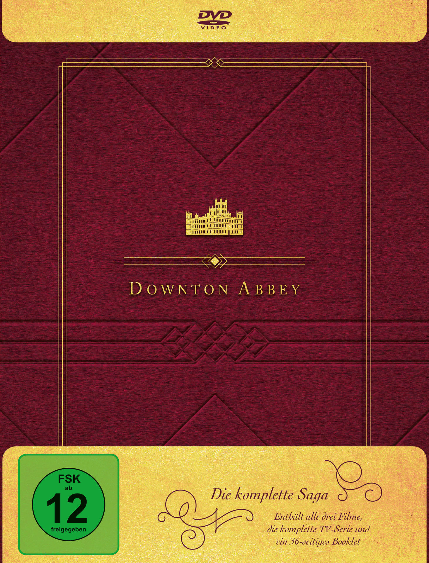 DVD-Hülle. Burgunderroter Hintergrund mit goldenen Akzenten. Enthält Downton Abbey-Titel, Schlossgrafik. FSK 12-Rating.