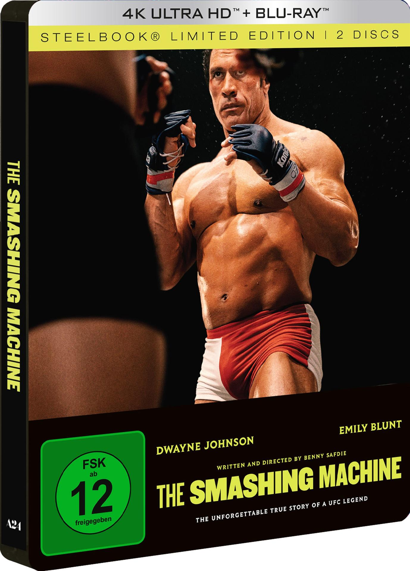 DVD-Cover mit Dwayne Johnson in roten Shorts. Titel: 'The Smashing Machine'. Text: '4K Ultra HD' und Altersfreigabe.
