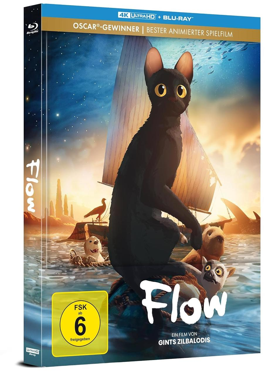 Eine schwarze Katze und andere Tiere auf einem Boot. Text 'Flow'. Blu-ray-Cover.