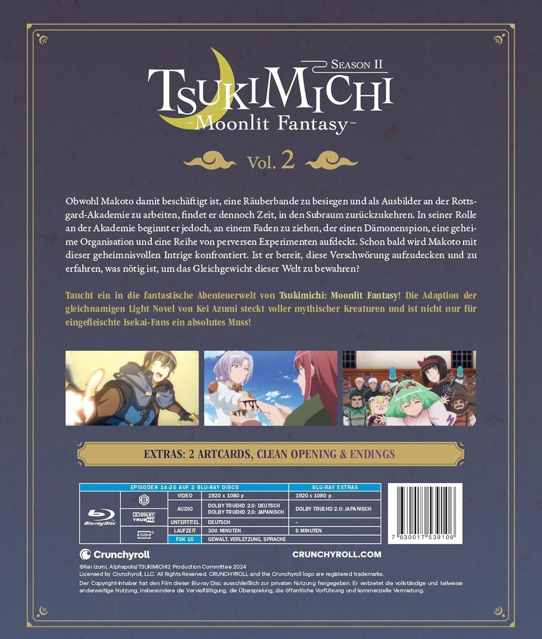 Blu-ray-Cover mit Anime-Charakteren und Text. Titel: Tsukimichi Moonlit Fantasy Vol. 2. Crunchyroll-Logo.
