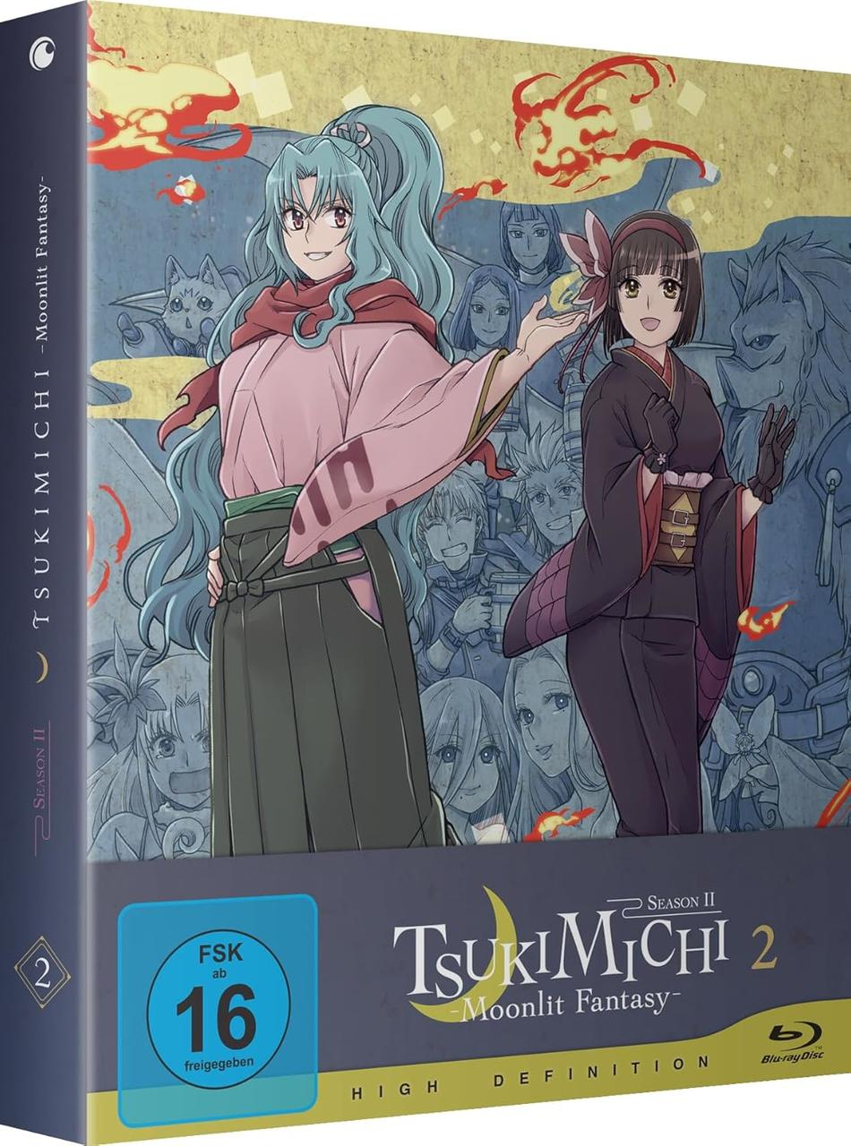 Anime Blu-ray-Cover. Zwei Frauen, eine in Pink, die andere in Schwarz, stehen vor einem Hintergrund von Charakteren. Der Titel lautet Tsukimichi 2.