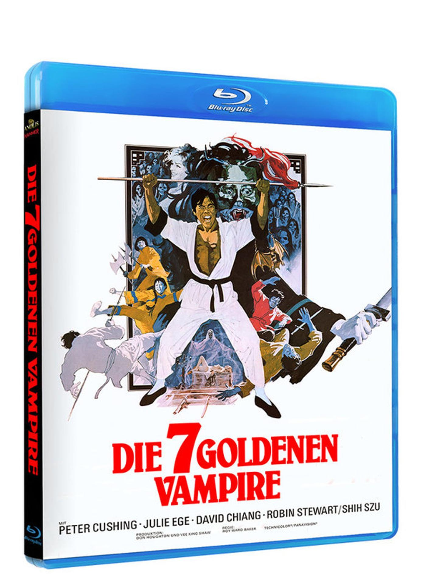 Blu-ray-Disc-Cover für Die 7 Goldenen Vampire. Ein Mann in Weiß hebt einen Stab. Andere Figuren in Aktion. Titel in Rot.