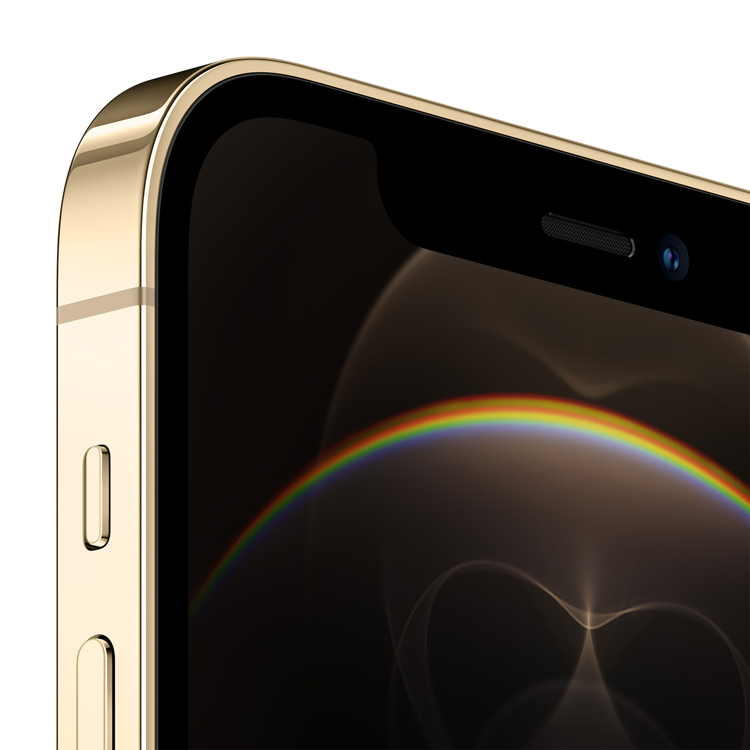 Primo piano di uno smartphone dorato. Lo schermo mostra un arcobaleno. Il bordo del telefono ha i pulsanti. La fotocamera è visibile.
