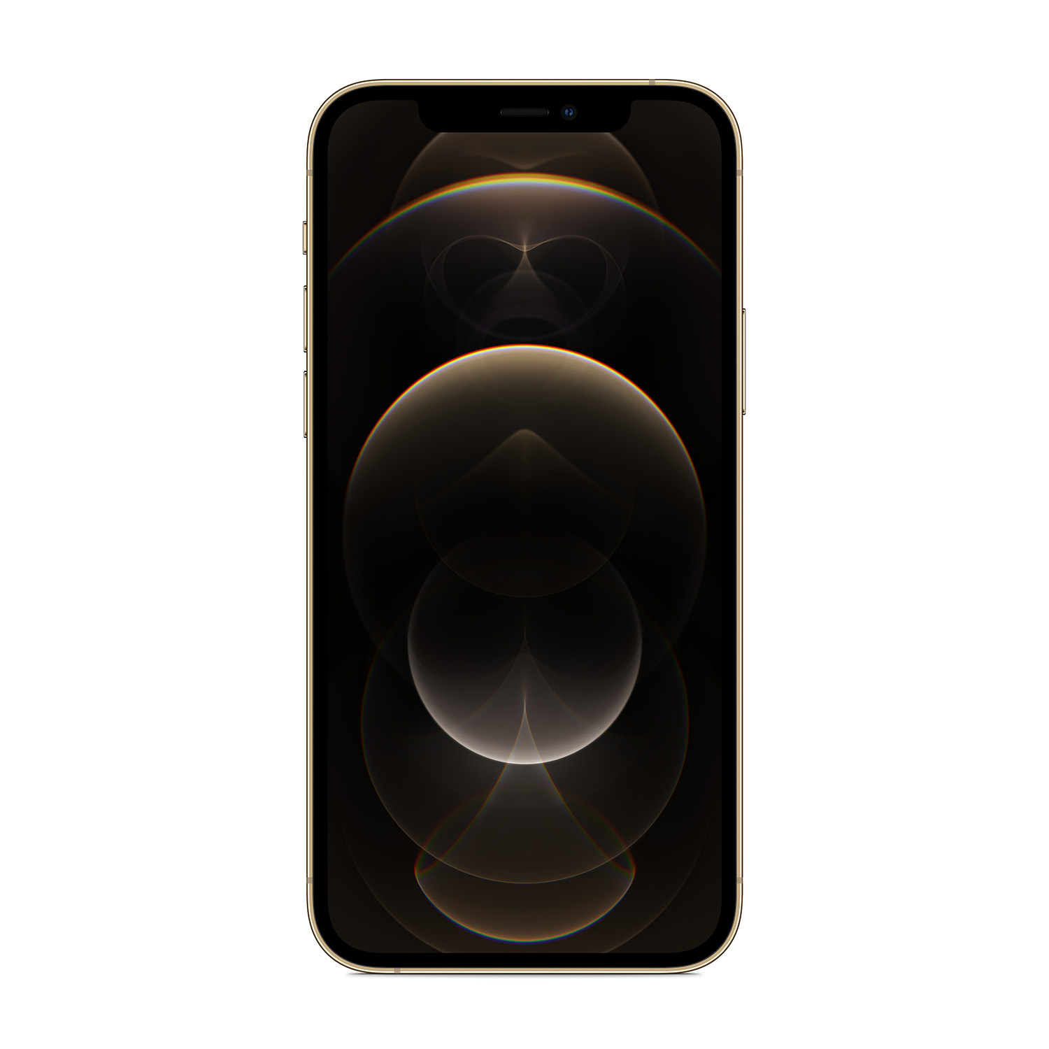iPhone dorato su sfondo bianco. Lo schermo mostra un design scuro e astratto con forme circolari e riflessi di luce.