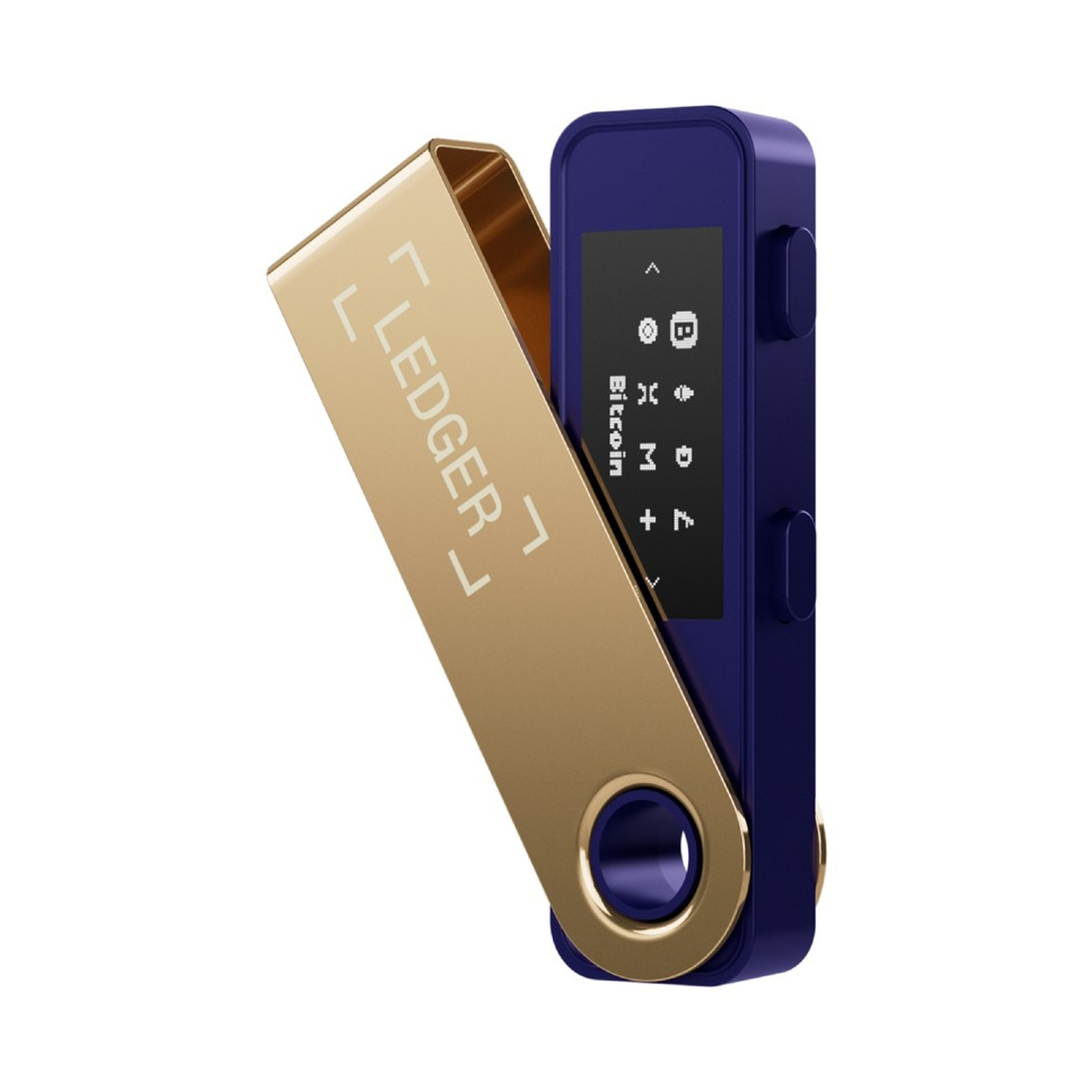 Un portafoglio hardware Ledger Nano X. È oro e blu. Lo schermo mostra Bitcoin e simboli di altre criptovalute.