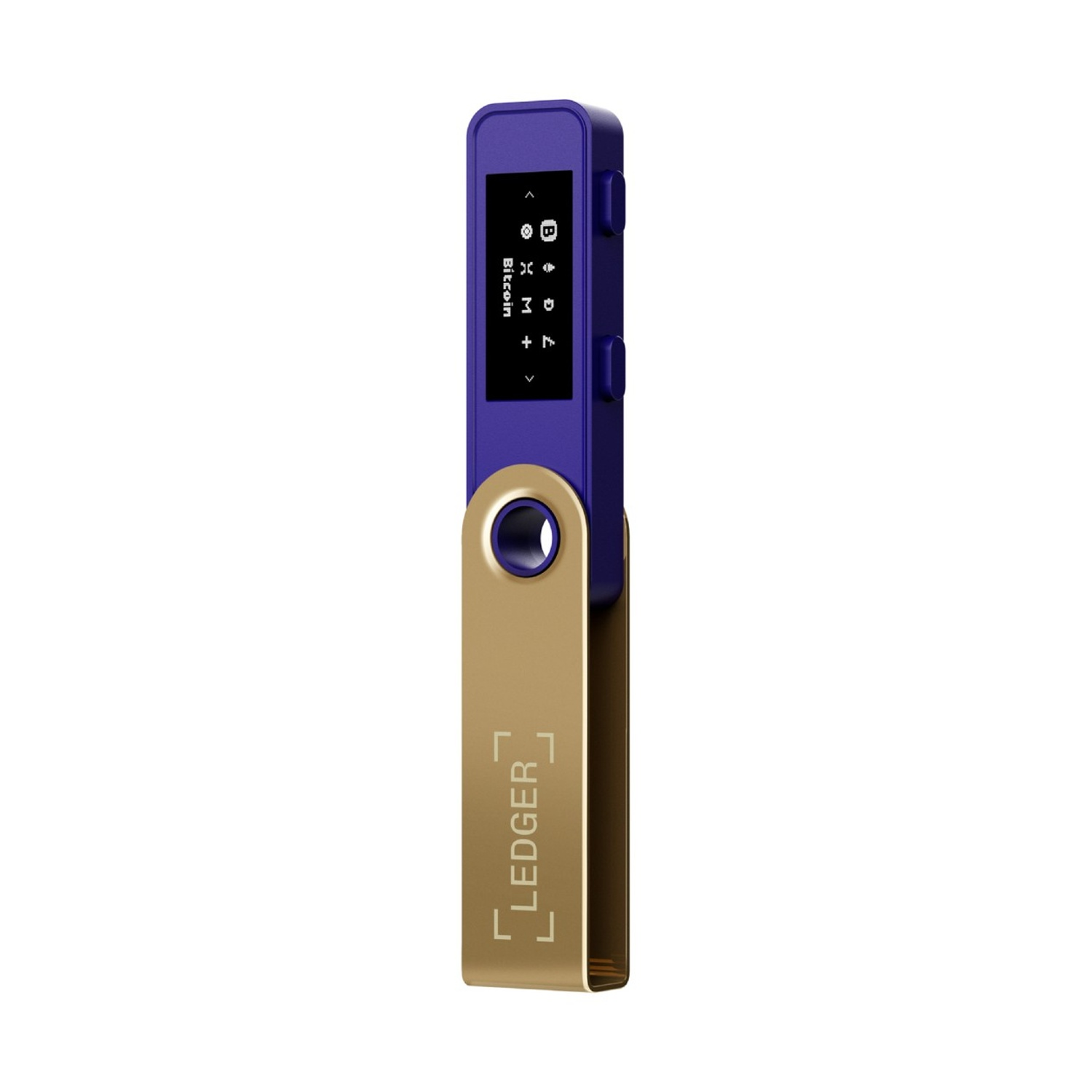 Un portafoglio hardware Ledger. Ha un corpo blu e una parte inferiore dorata. Lo schermo mostra Bitcoin e altre icone. Il logo Ledger è visibile.