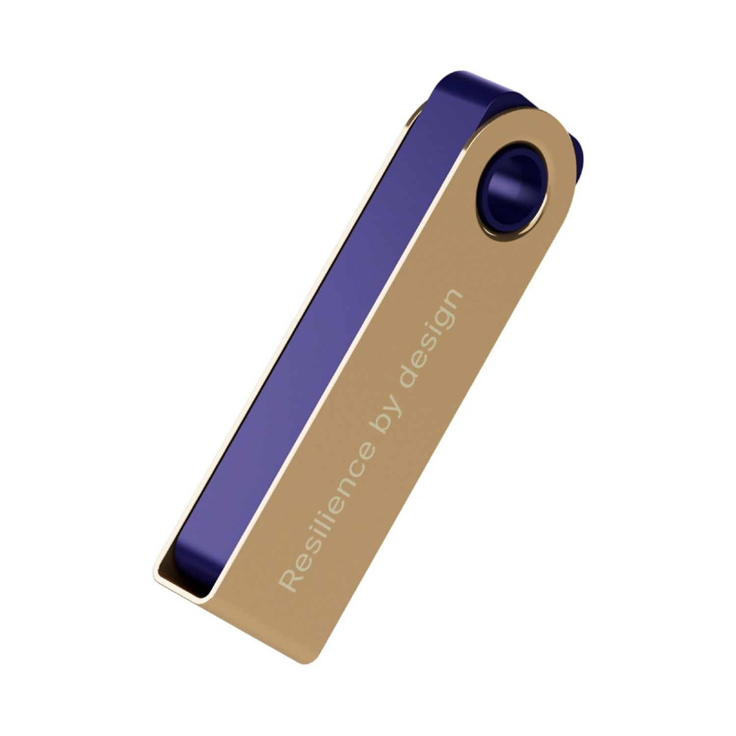 Un dispositivo rettangolare color oro con una striscia blu e un foro. Testo 'Resilience by design' visibile.