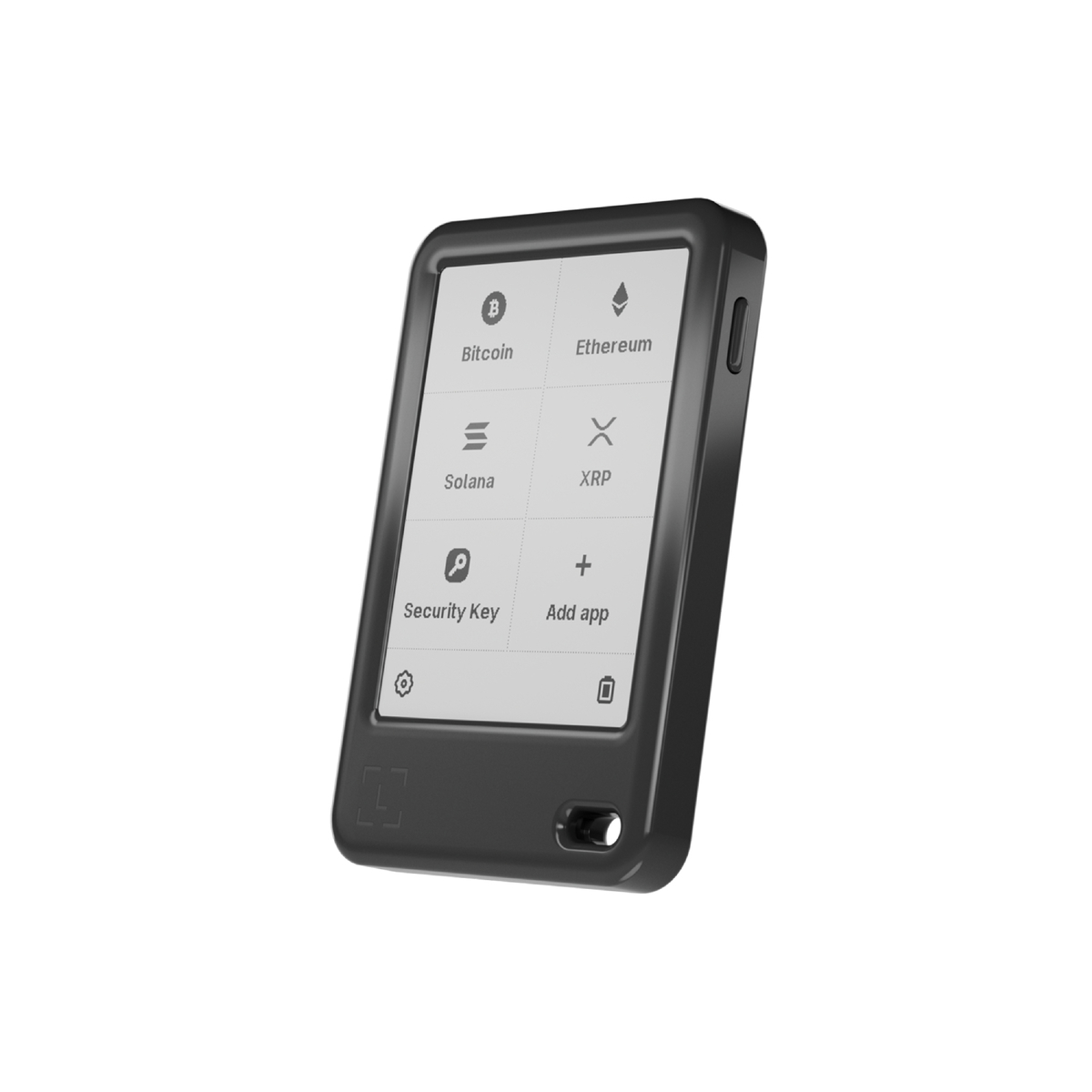 Ein schwarzes Krypto-Hardware-Wallet mit einem Bildschirm, der Bitcoin, Ethereum, Solana, XRP, Security Key und Add-App-Optionen anzeigt.