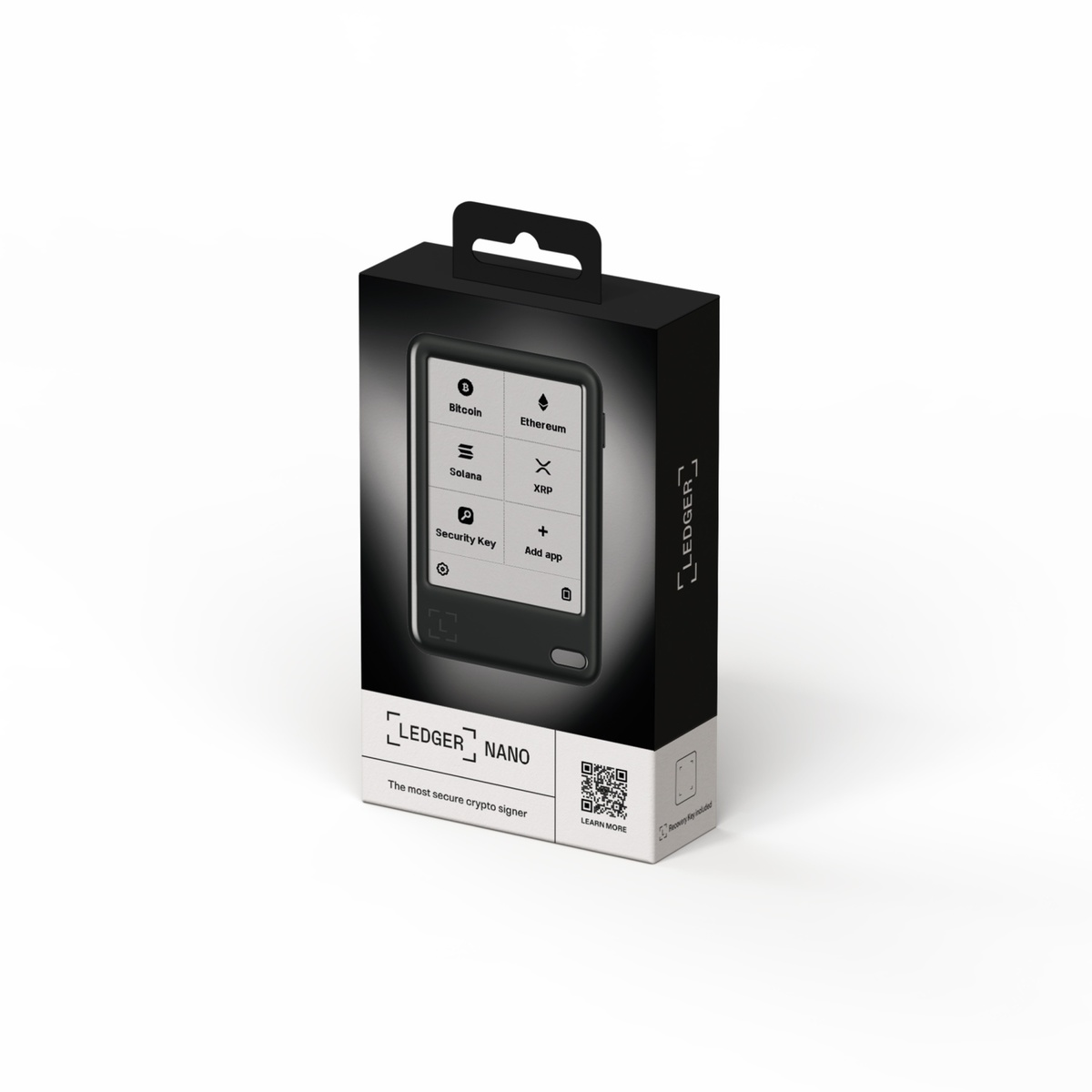 Eine schwarze Ledger Nano Box, die einen Gerätebildschirm mit Krypto-Optionen wie Bitcoin und Ethereum zeigt. QR-Codes und Text sind sichtbar.