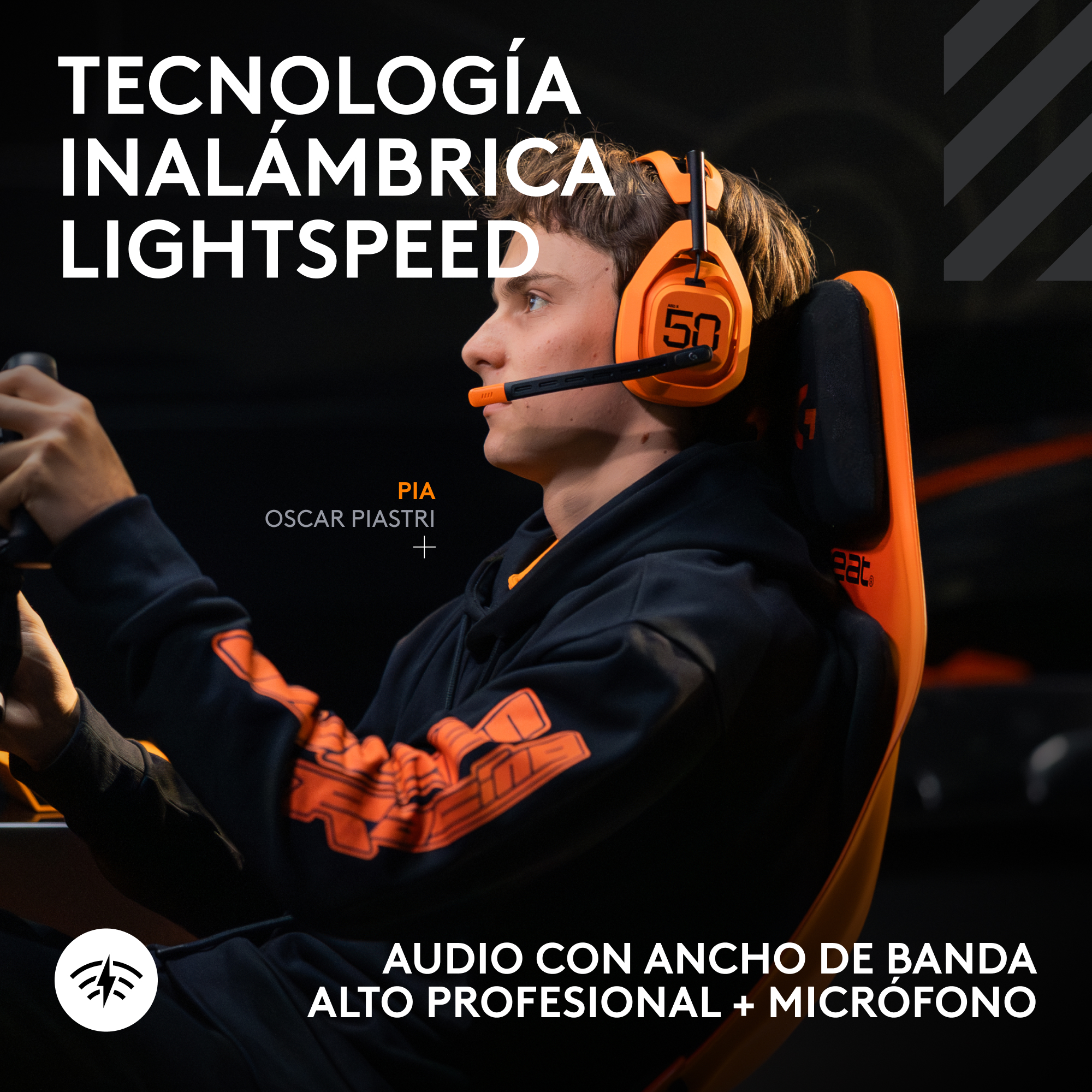 Una persona con auriculares naranjas sentada en una silla naranja, con texto sobre tecnología inalámbrica y audio.
