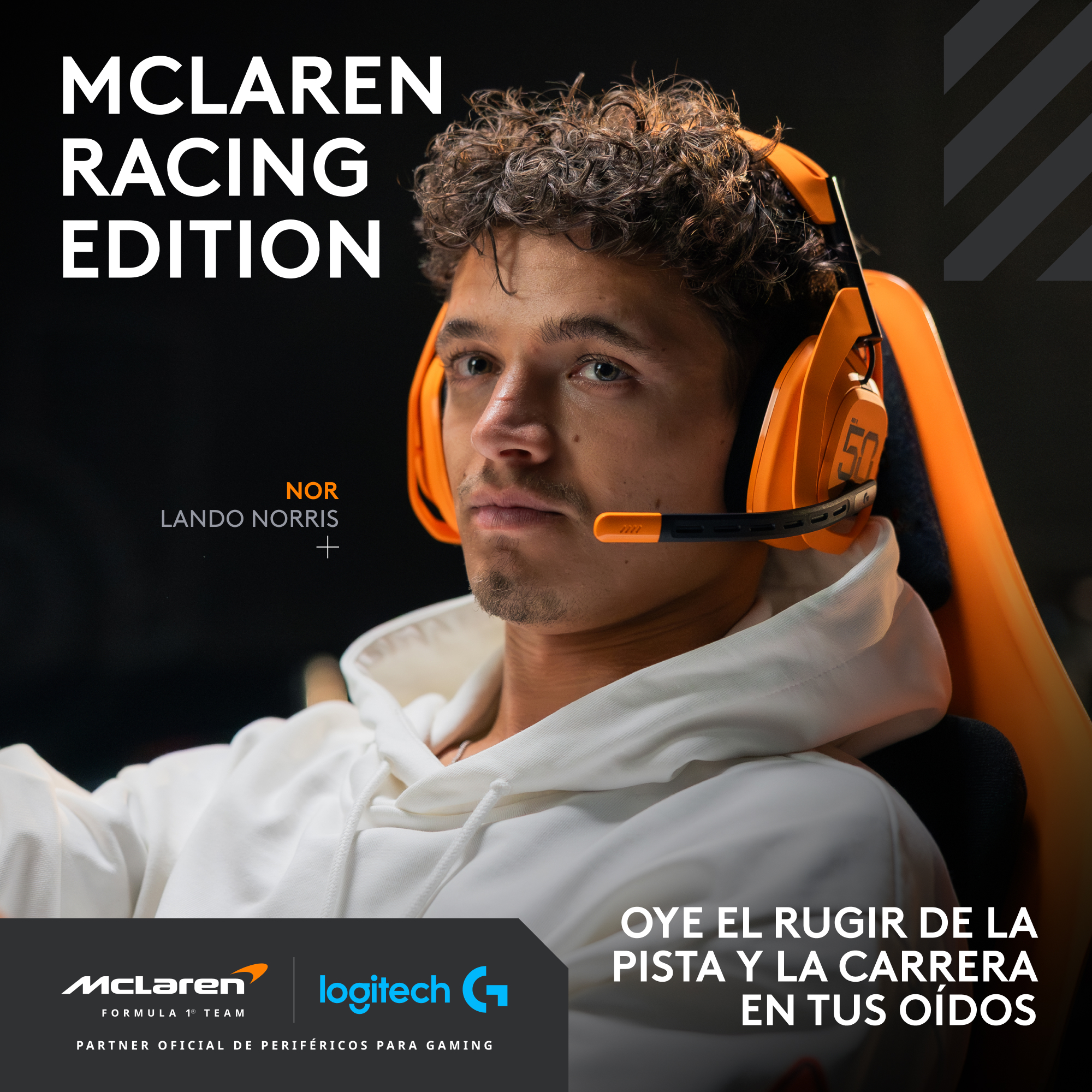 Lando Norris con auriculares naranjas. Texto McLaren Racing Edition arriba. Logotipo de Logitech abajo.
