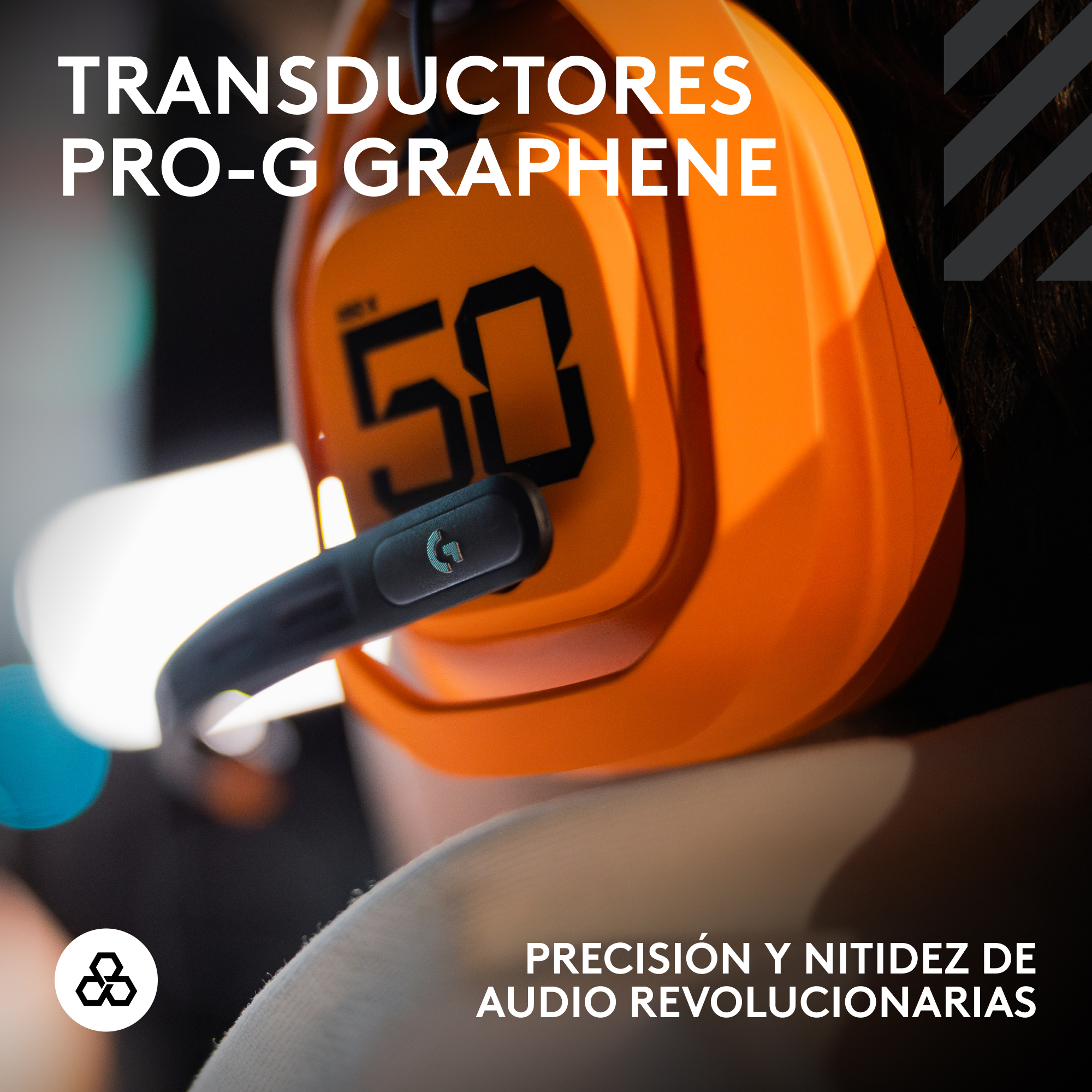 Un auricular naranja con micrófono. El número 50 es visible. El texto dice: TRANSDUCTORES PRO-G GRAPHENE.