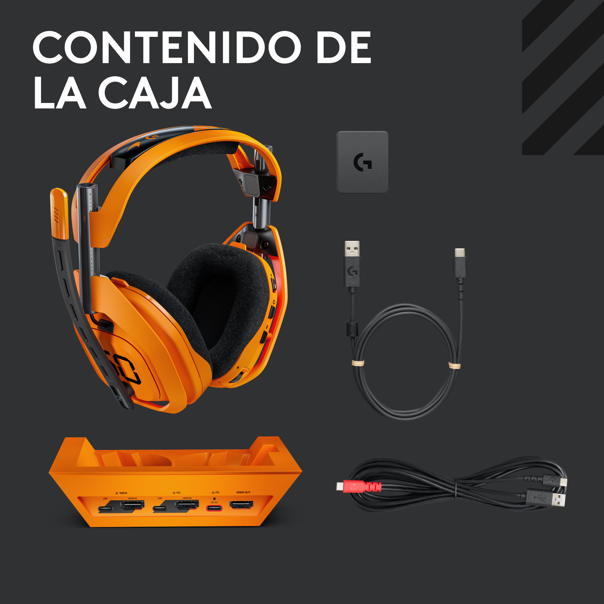 Un auricular para juegos naranja, una estación base, cables y una pequeña caja negra. Todo sobre un fondo gris oscuro.