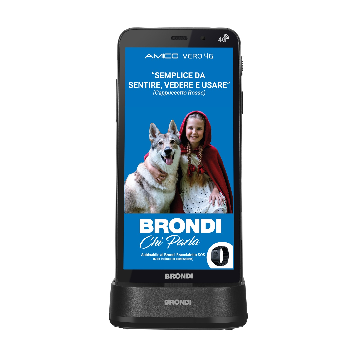 Un telefono in una base di ricarica mostra l'immagine di una ragazza con un mantello rosso che abbraccia un lupo. Il testo dice 'Brondi Chi Parla'.