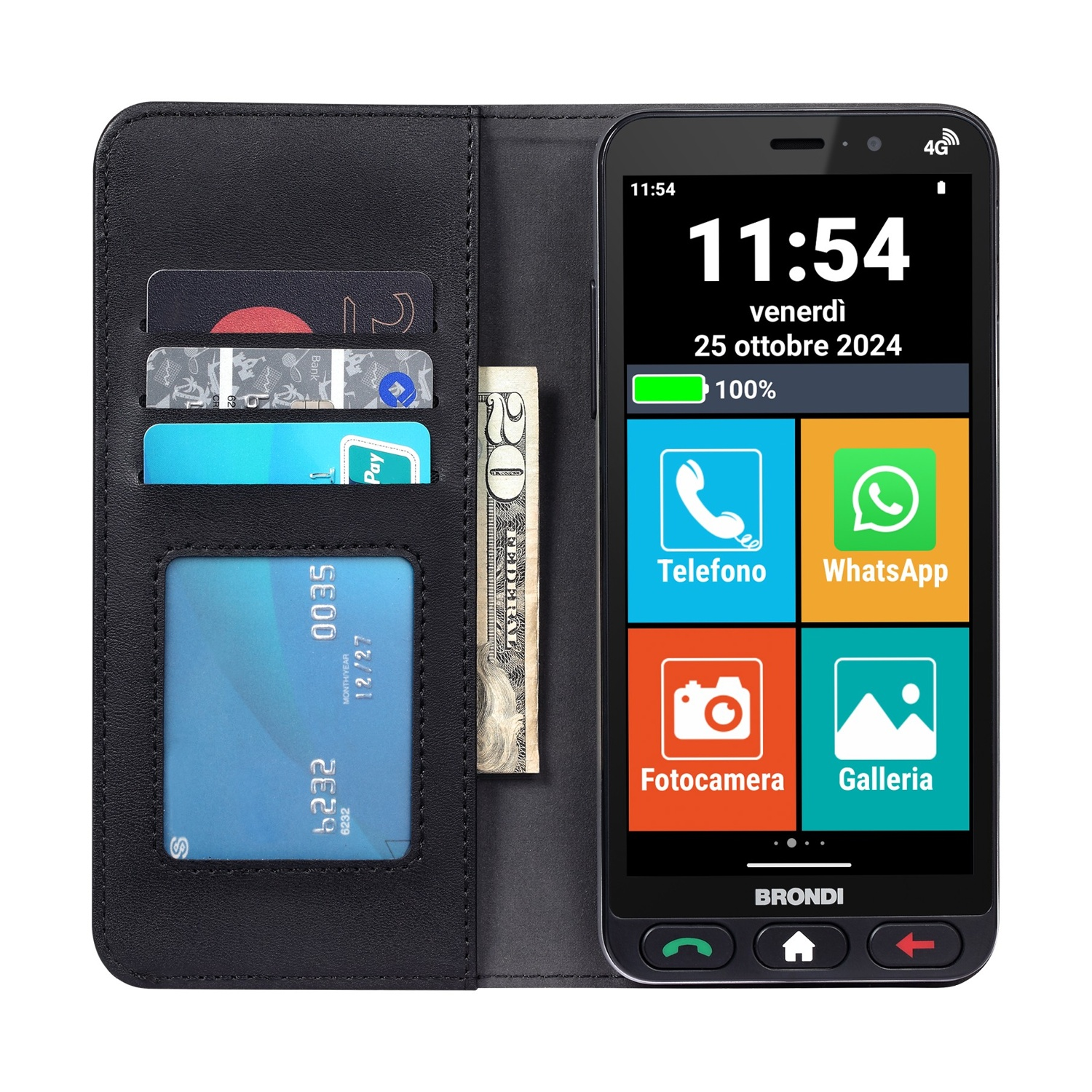 Uno smartphone in una custodia a portafoglio nera. Il telefono mostra l'ora, la data e le icone delle app. Ci sono carte di credito e un biglietto da 20 dollari.
