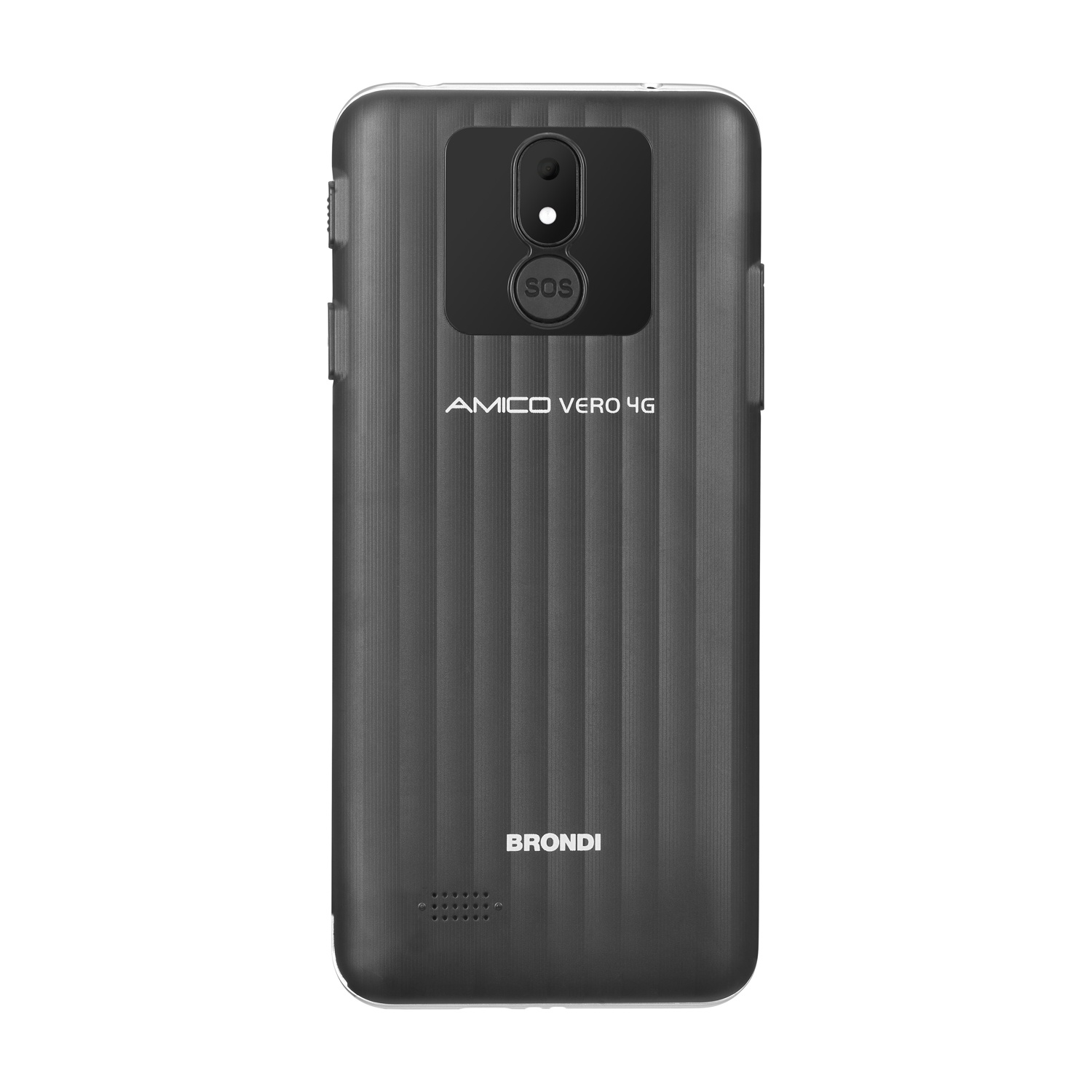 Il retro di un telefono nero Brondi Amico Vero 4G. Ha una fotocamera, un pulsante SOS e linee verticali per presa.