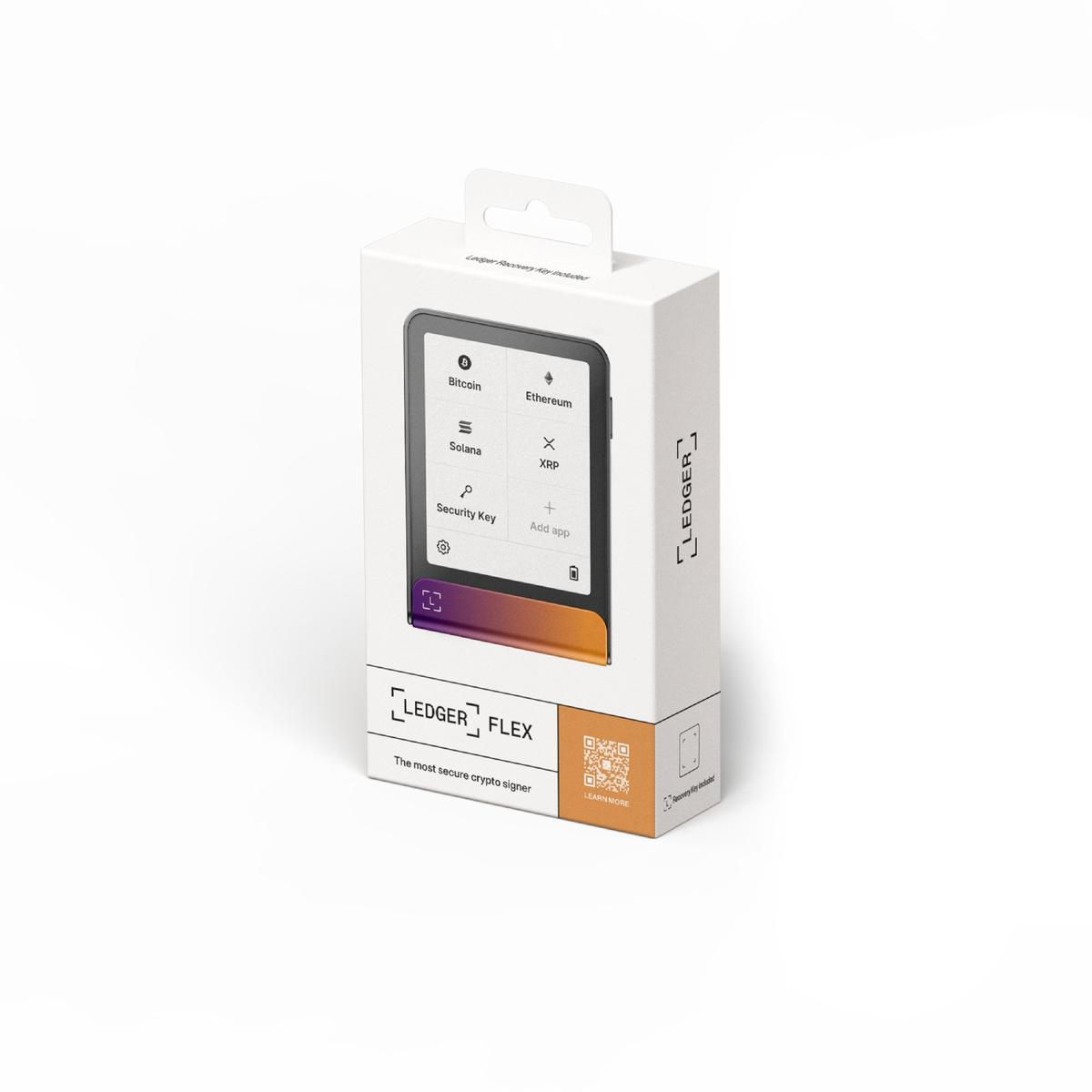 Eine Ledger Flex Box zeigt einen Krypto-Signierer. Der Bildschirm zeigt Bitcoin, Ethereum, Solana, XRP, Sicherheitsschlüssel und App hinzufügen.
