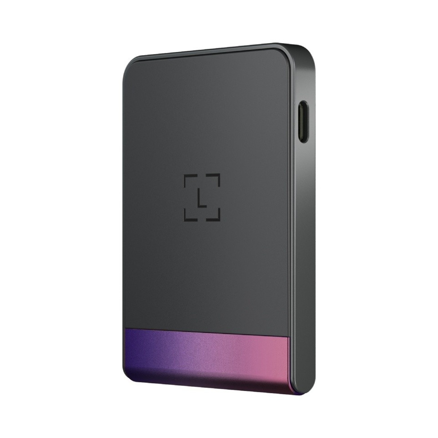 Un dispositivo rettangolare grigio scuro con un gradiente rosa-viola nella parte inferiore. Ha un logo e un piccolo foro laterale.