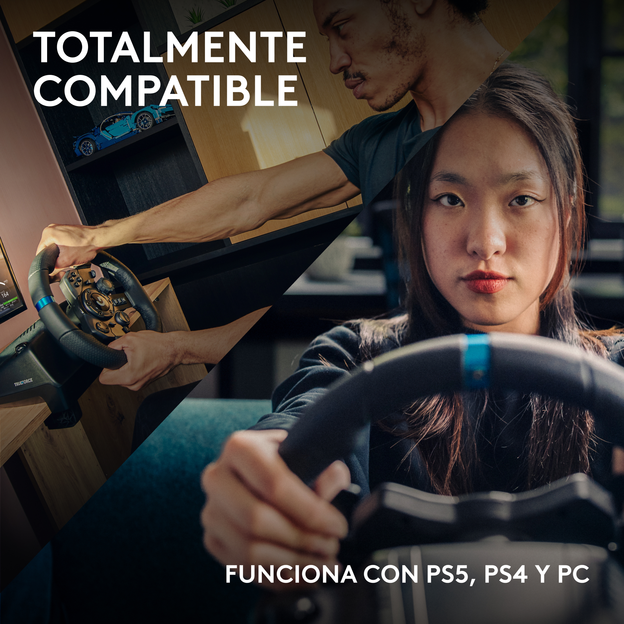 La imagen muestra a una mujer y un hombre sosteniendo un volante. El texto dice 'TOTALMENTE COMPATIBLE' y 'FUNCIONA CON PS5, PS4 Y PC'.