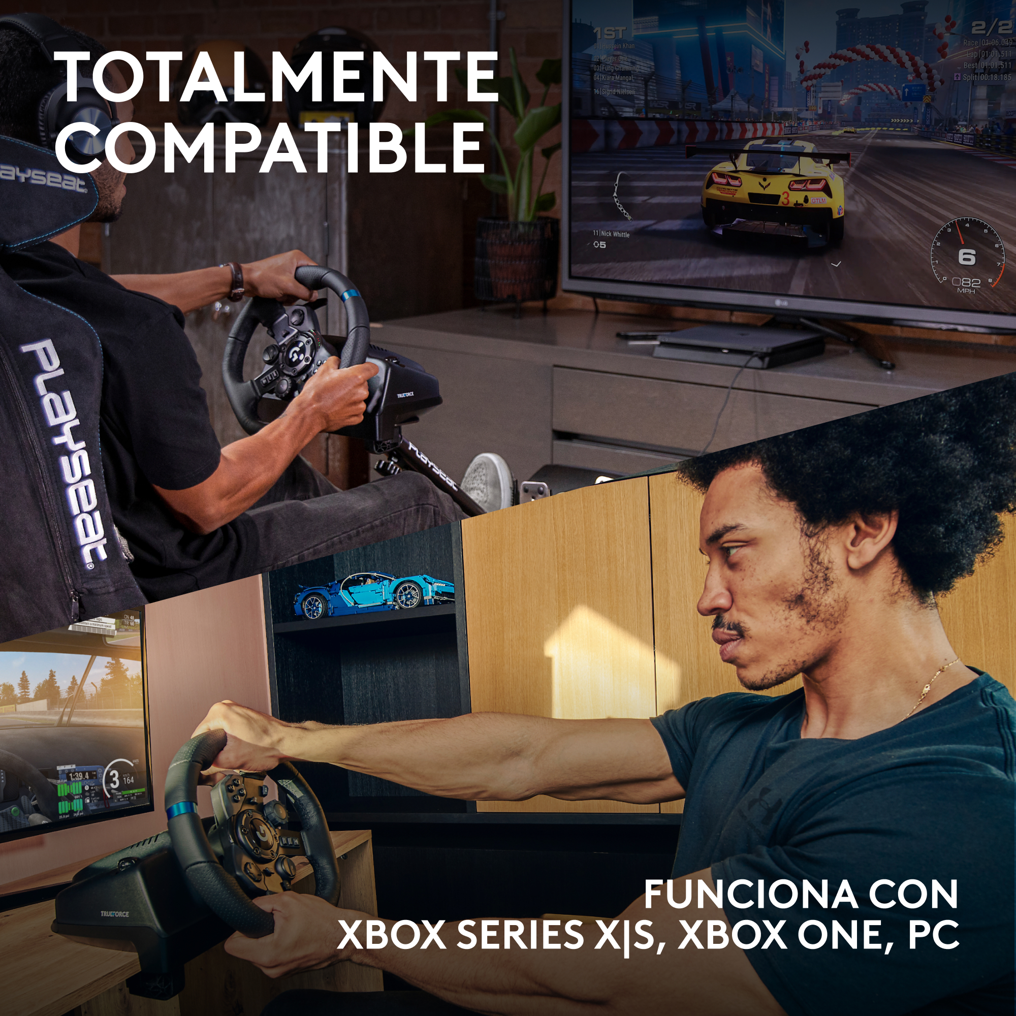 Imagen muestra dos hombres usando volantes de carreras con pantallas de juegos. El texto dice 'TOTALMENTE COMPATIBLE' y 'FUNCIONA CON XBOX...PC'.