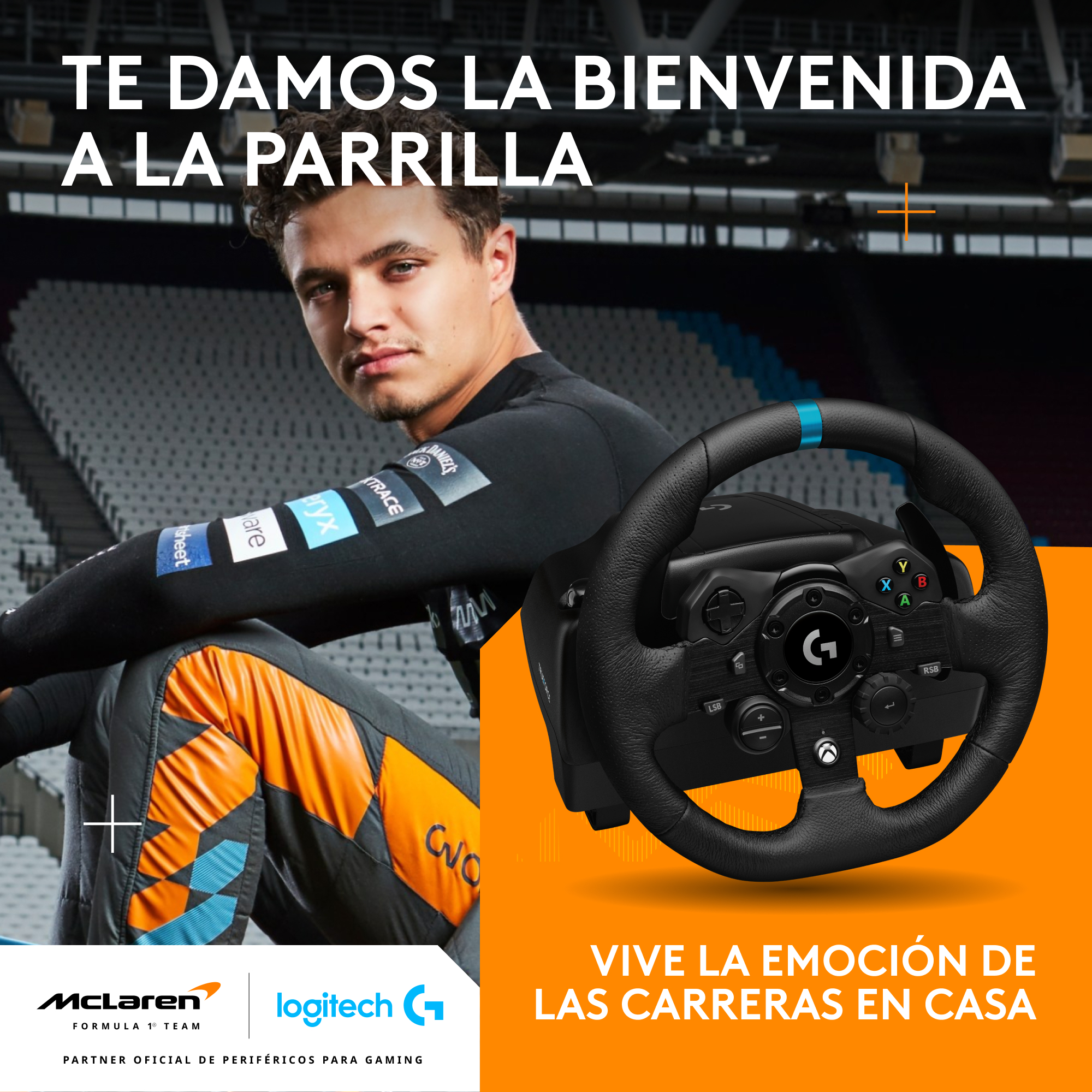 Imagen de un hombre con volante de carreras. El texto dice: Bienvenido a la parrilla. Vive la emoción de las carreras en casa.